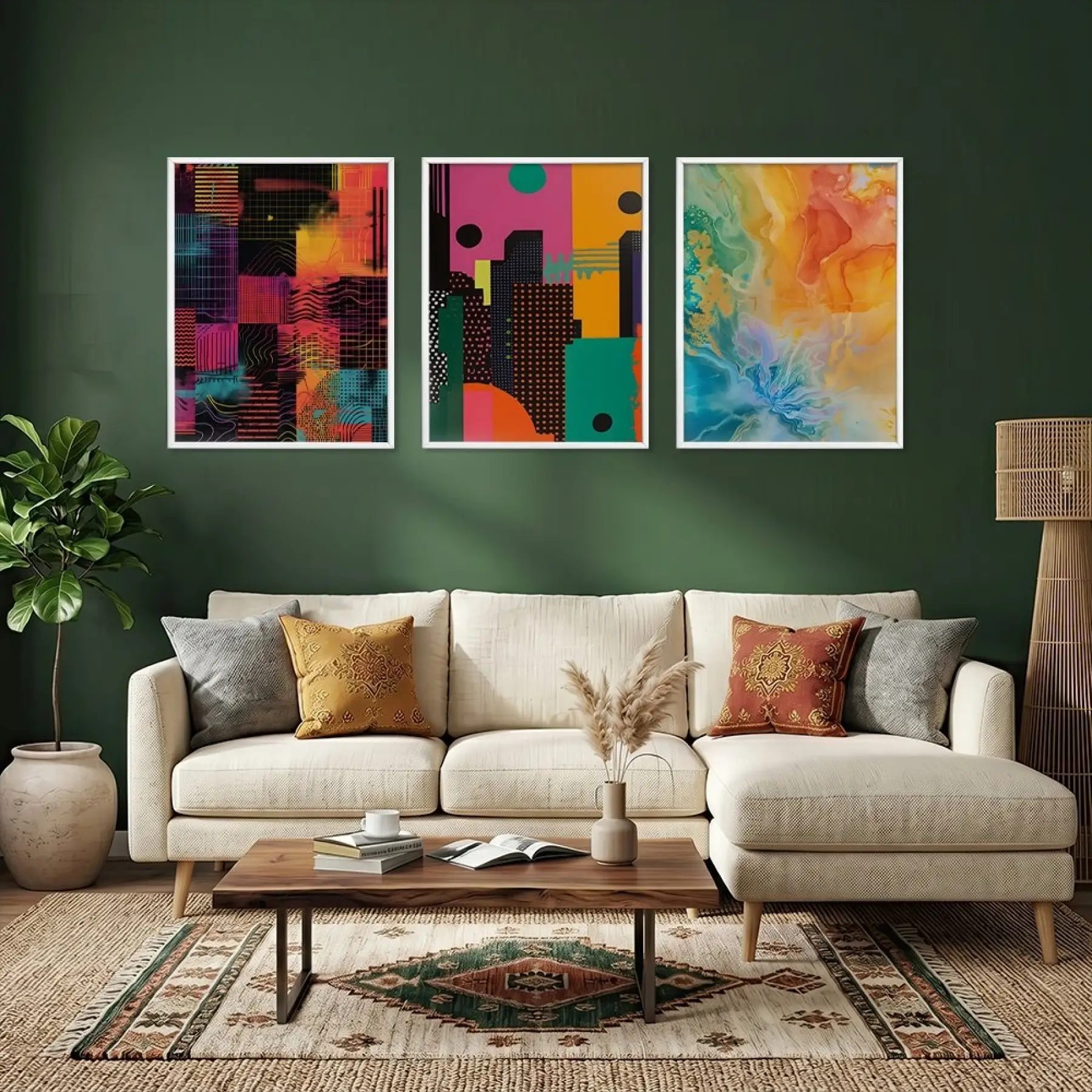 Dinamik Soyut Sanat Üçlüsü Beyaz Çerçeveli 3lü Ahşap Tablo Seti