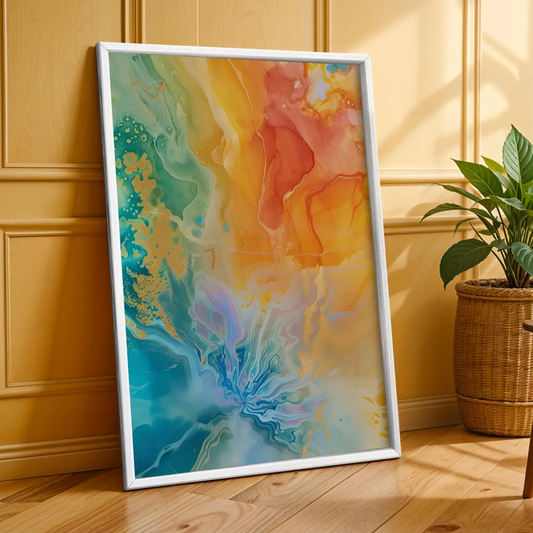 Dinamik Soyut Sanat Üçlüsü Beyaz Çerçeveli 3lü Ahşap Tablo Seti