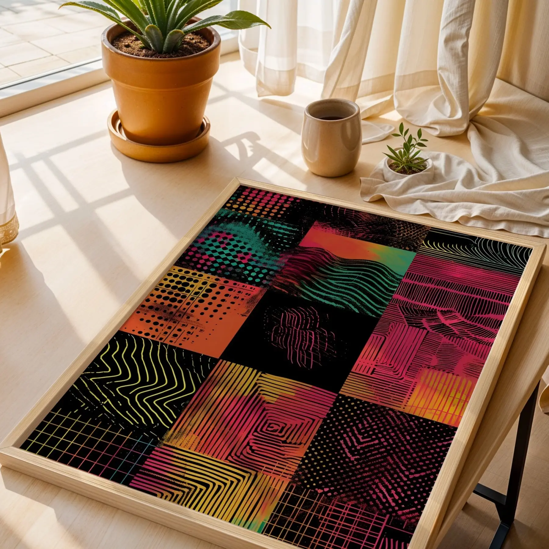 Canlı Renklerle Sanat Üçlemesi Doğal Ahşap Çerçeveli 3lü Tablo Seti