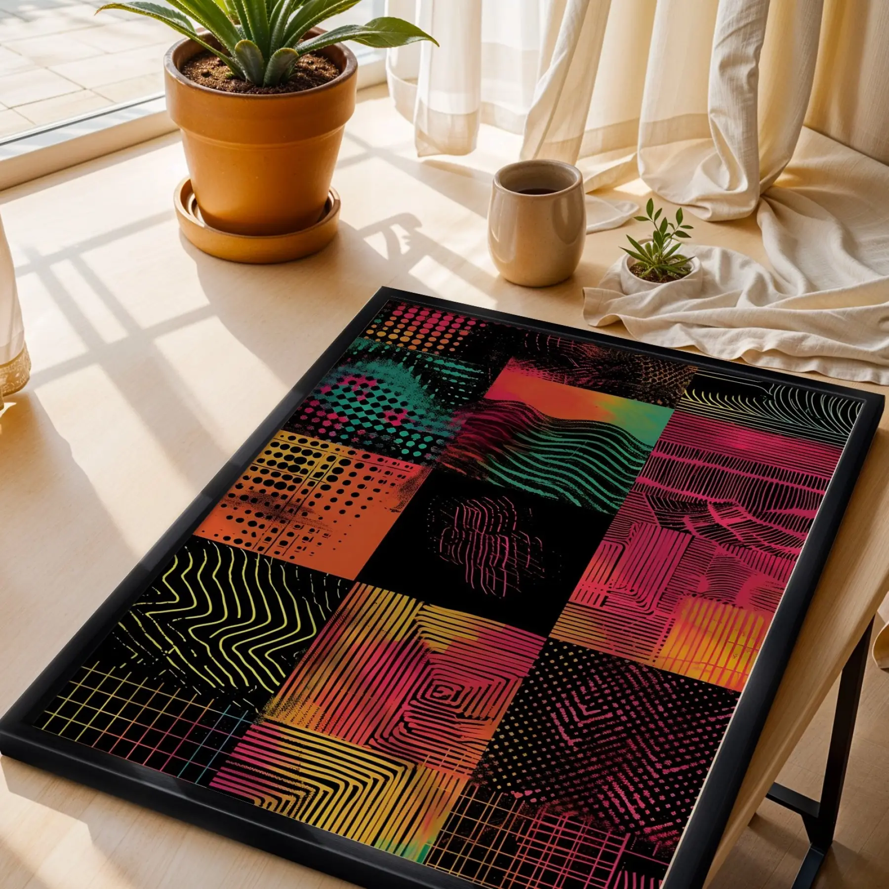 Canlı Renklerle Sanat Üçlemesi Siyah Çerçeveli 3lü Ahşap Tablo Seti