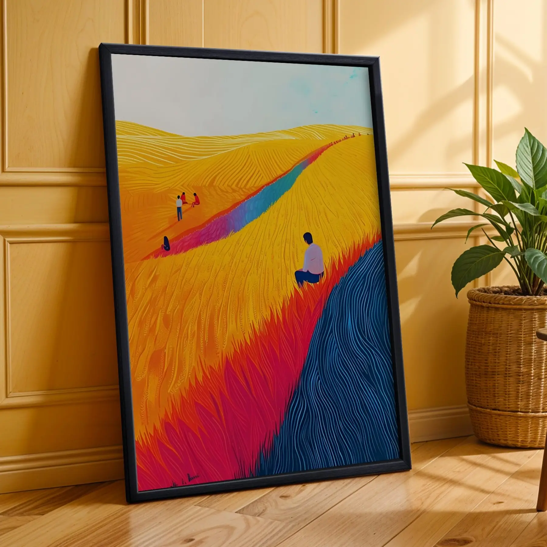 Canlı Renklerle Sanat Üçlemesi Siyah Çerçeveli 3lü Ahşap Tablo Seti