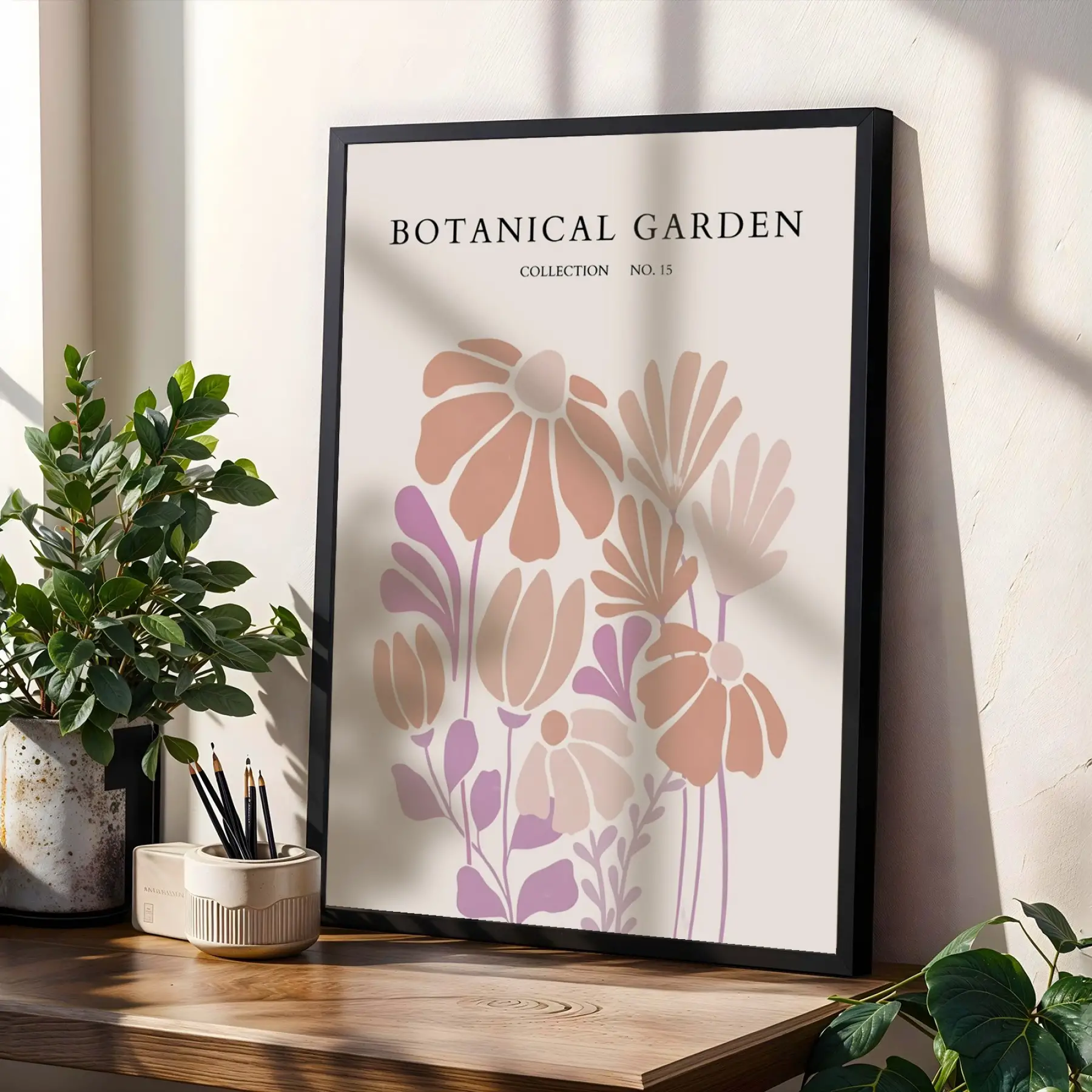 Pastel Botanik Çiçek Pazarı Siyah Çerçeveli 3lü Ahşap Tablo Seti