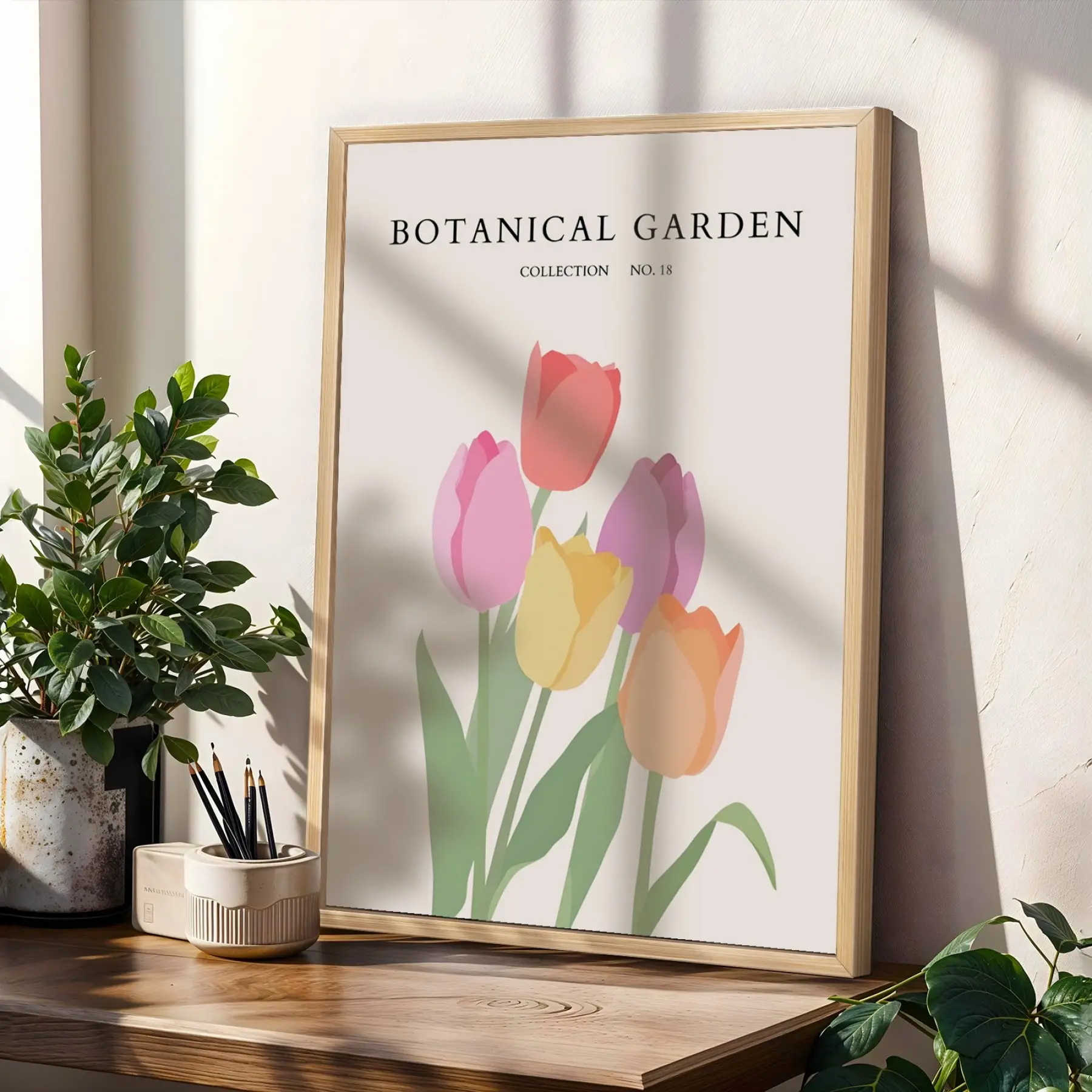 Pastel Botanik Çiçek Koleksiyonu Doğal Ahşap Çerçeveli 3lü Tablo Seti