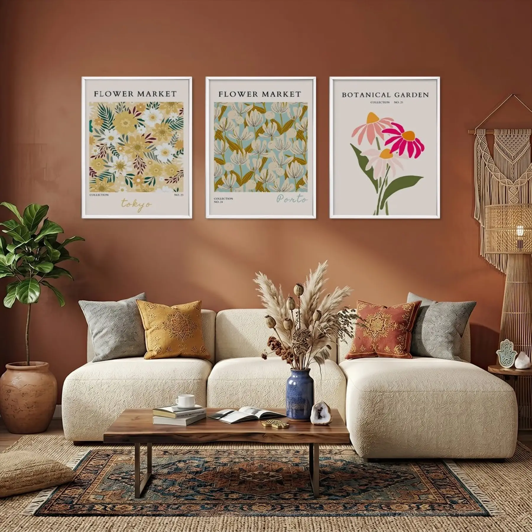 Botanik Çiçek Pazarı Beyaz Çerçeveli 3lü Ahşap Tablo Seti