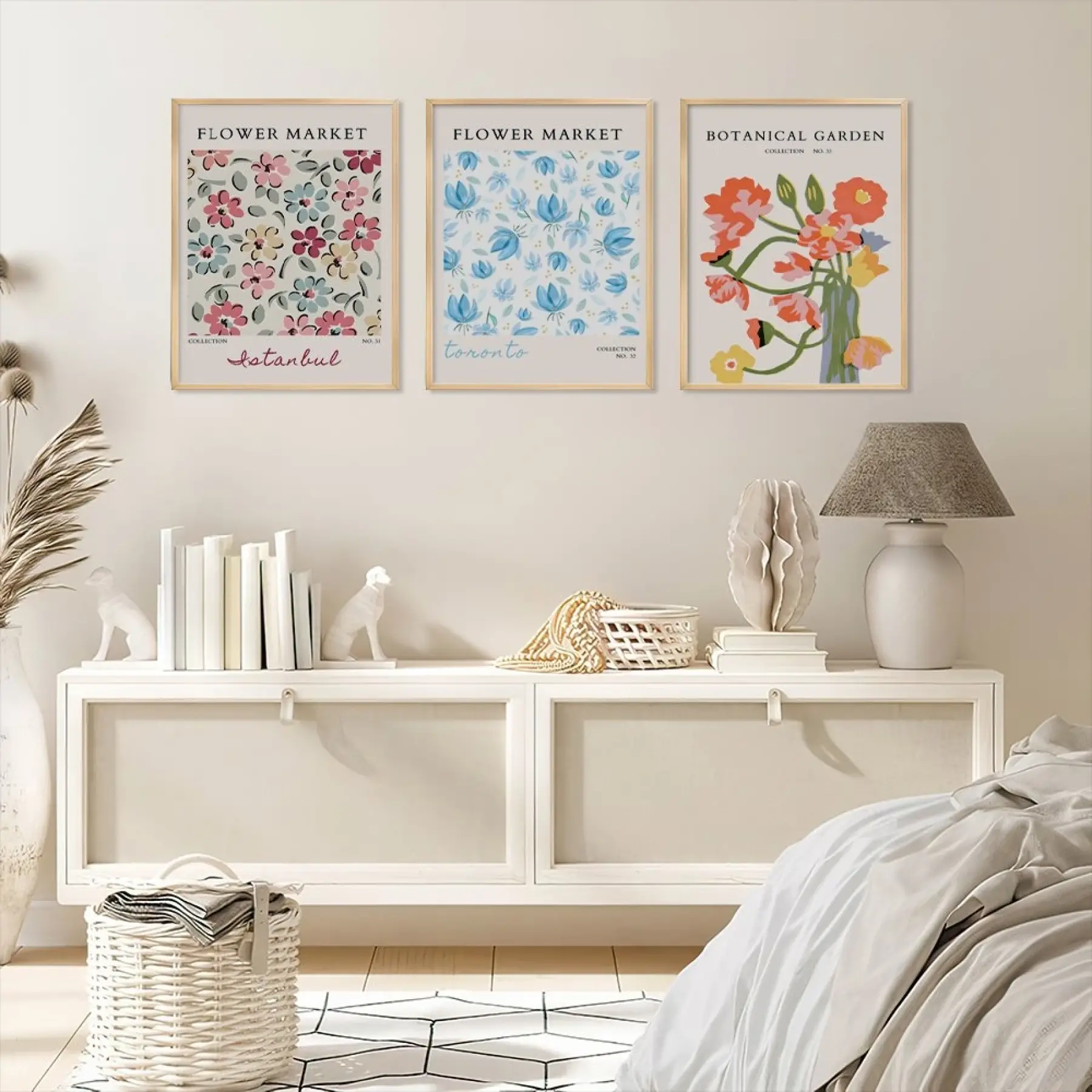 Pastel Botanik Çiçek Poster Seti Doğal Ahşap Çerçeveli 3lü Tablo Seti
