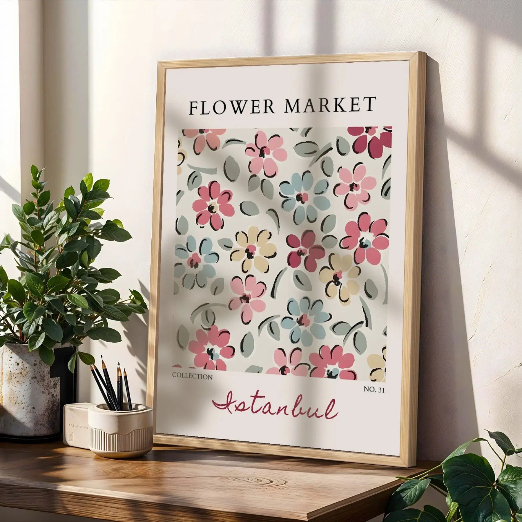 Pastel Botanik Çiçek Poster Seti Doğal Ahşap Çerçeveli 3lü Tablo Seti