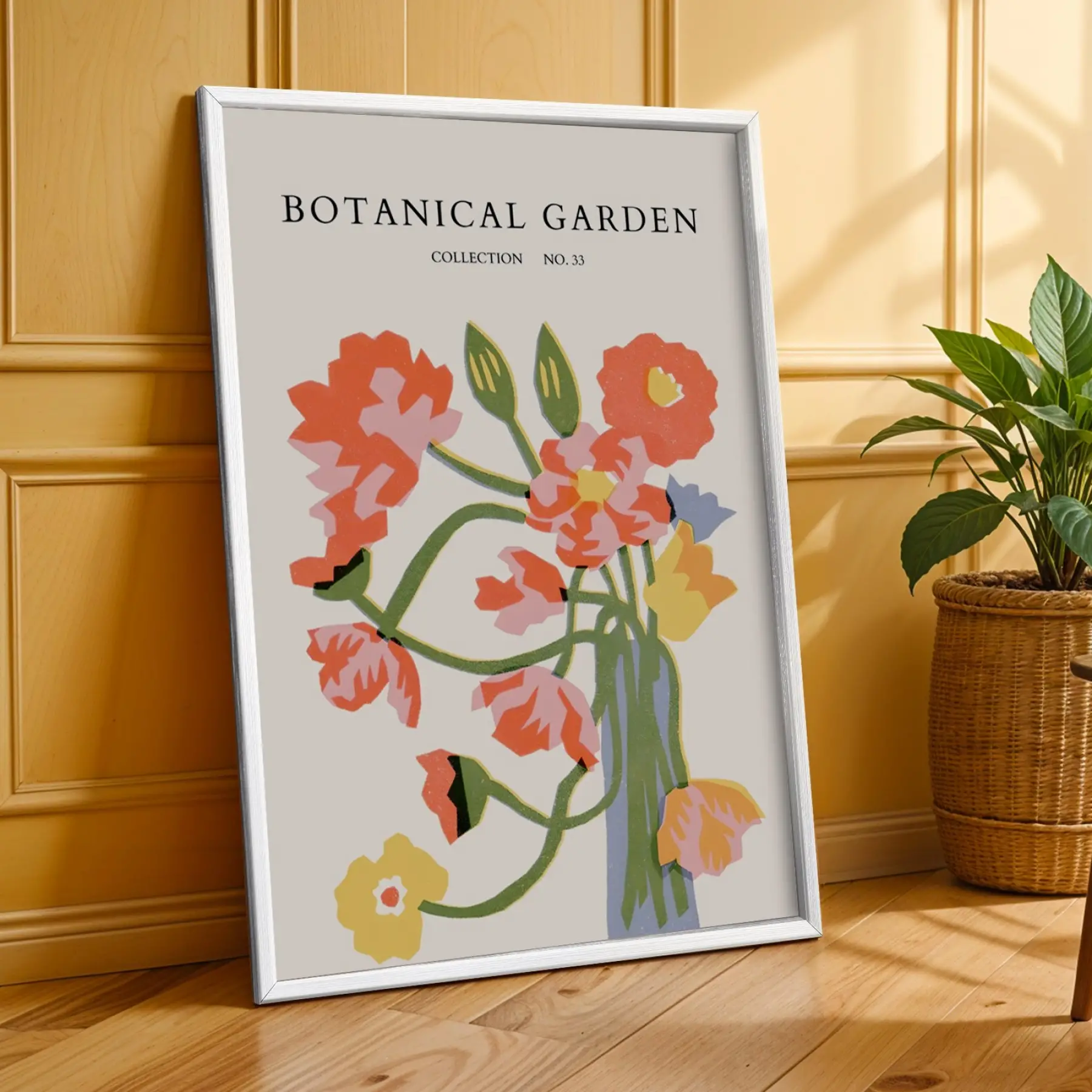 Pastel Botanik Çiçek Poster Seti Beyaz Çerçeveli 3lü Ahşap Tablo Seti