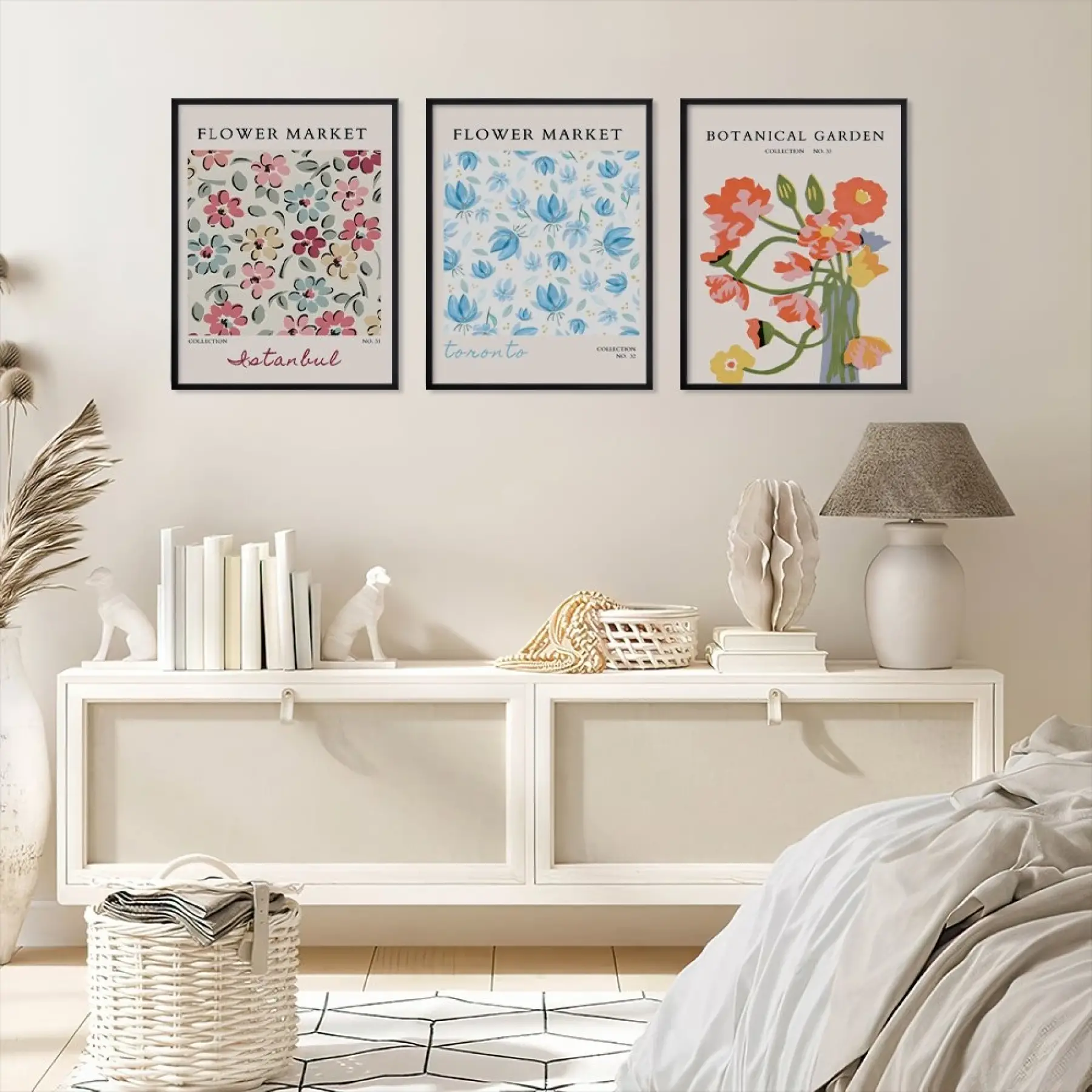 Pastel Botanik Çiçek Poster Seti Siyah Çerçeveli 3lü Ahşap Tablo Seti