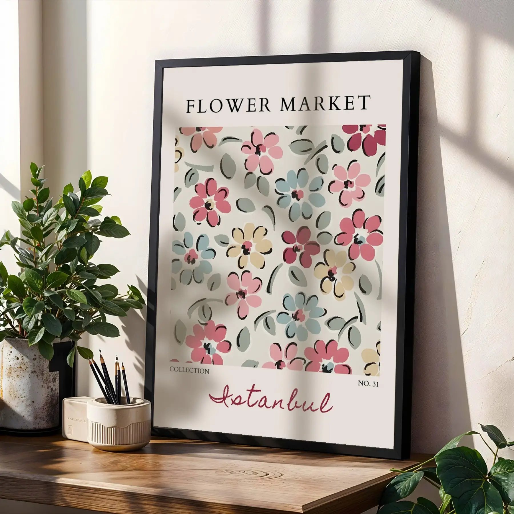 Pastel Botanik Çiçek Poster Seti Siyah Çerçeveli 3lü Ahşap Tablo Seti