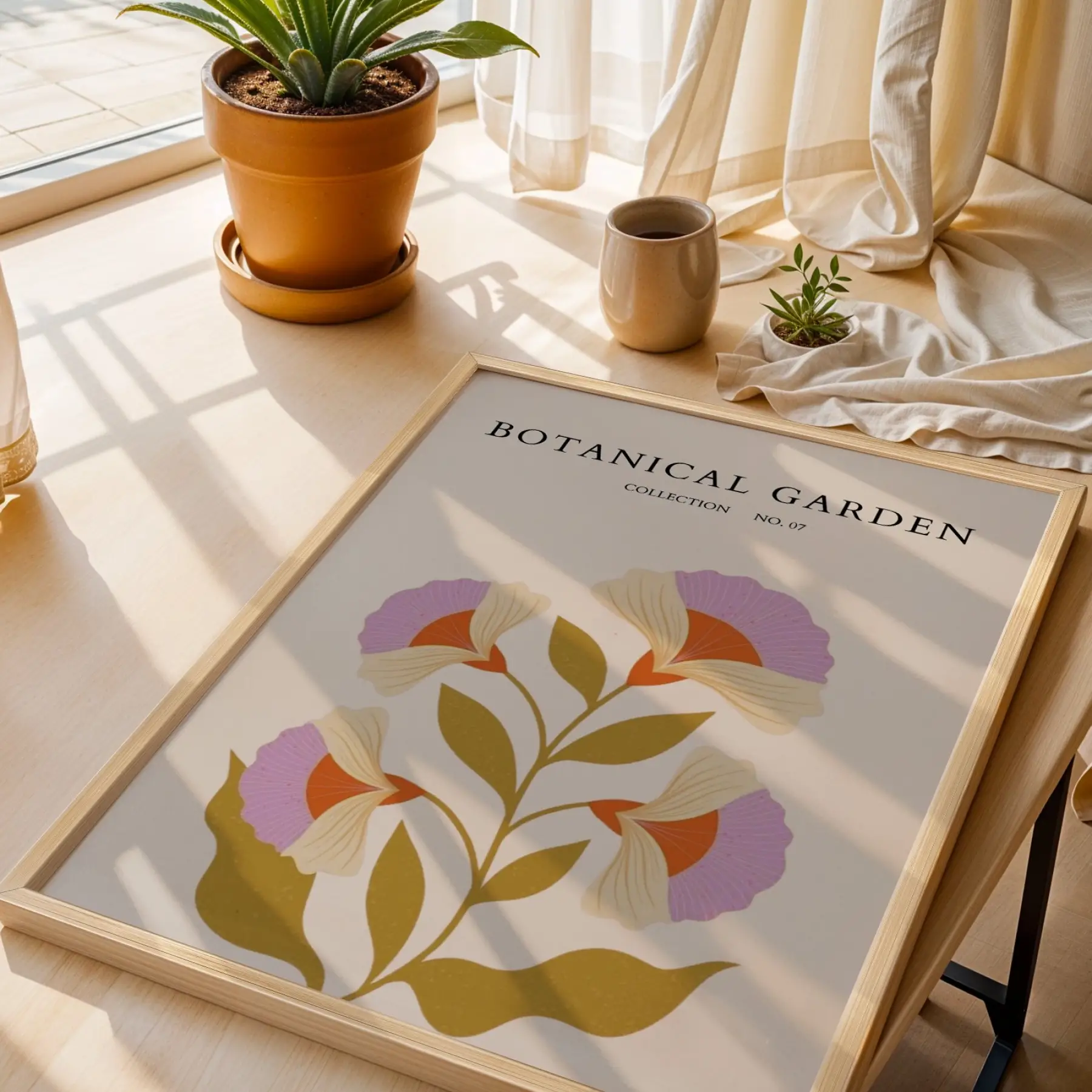 Pastel Botanik Rüyası Doğal Ahşap Çerçeveli 3lü Tablo Seti