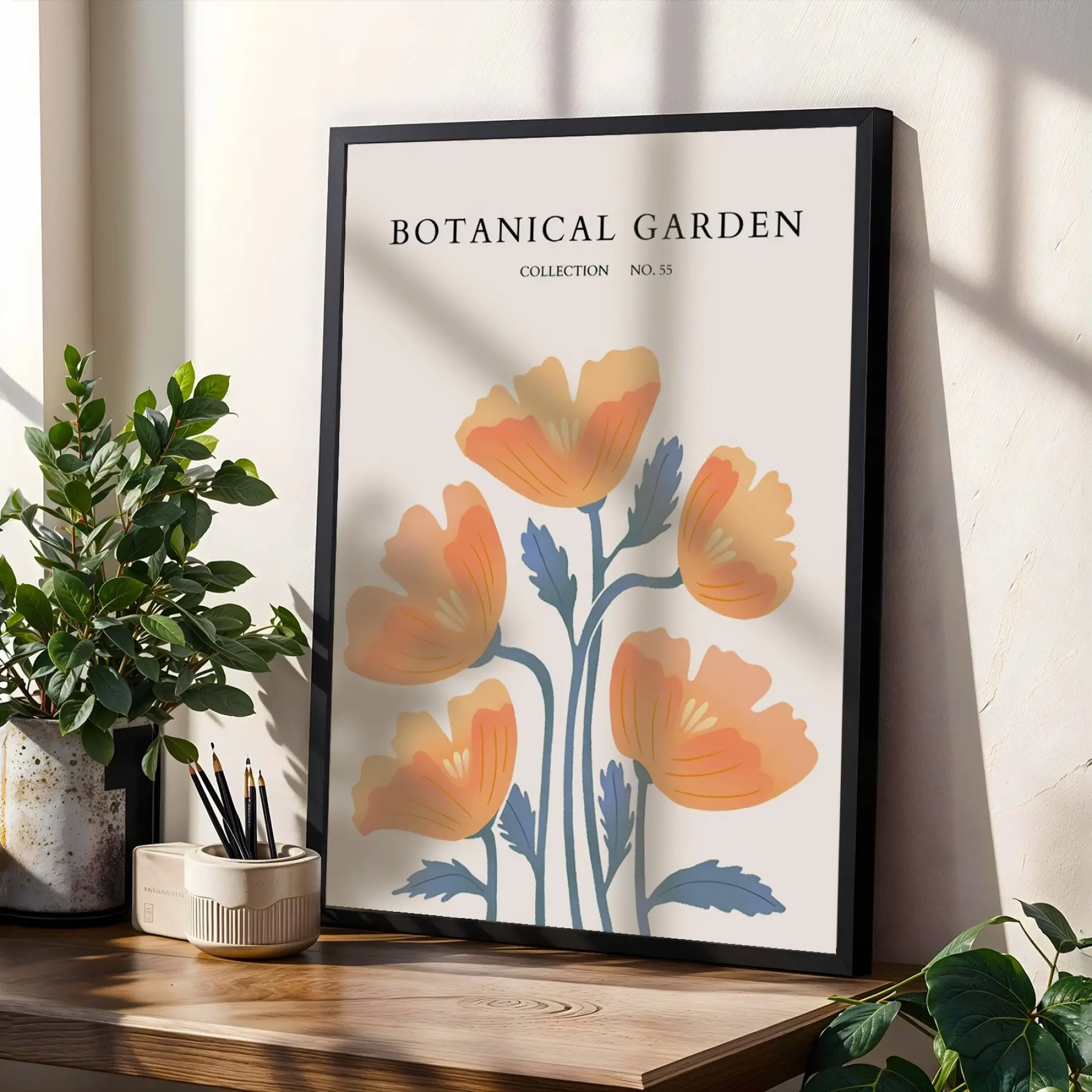 Pastel Botanik Çiçek Üçlüsü Siyah Çerçeveli 3lü Ahşap Tablo Seti