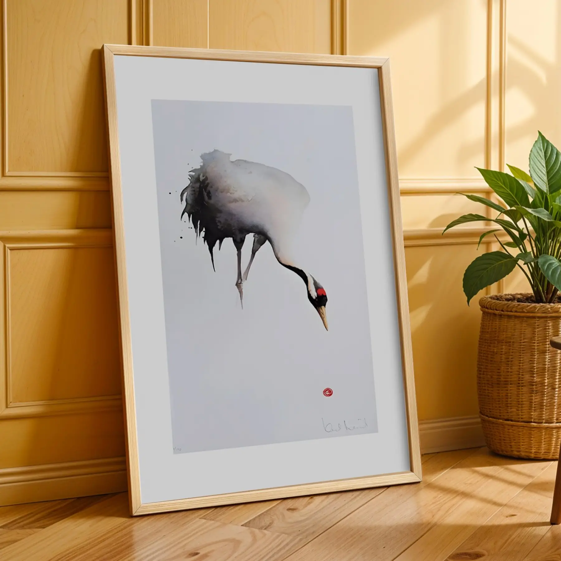 Soyut Çizgiler ve Turna Sanatı Doğal Ahşap Çerçeveli 3lü Tablo Seti