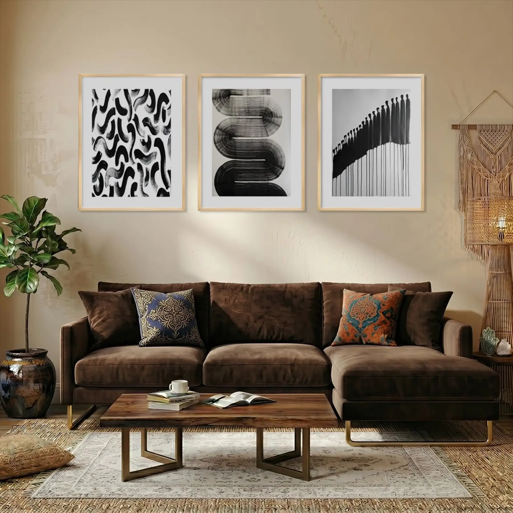 Monokrom Akışkan Soyut Sanat Doğal Ahşap Çerçeveli 3lü Tablo Seti