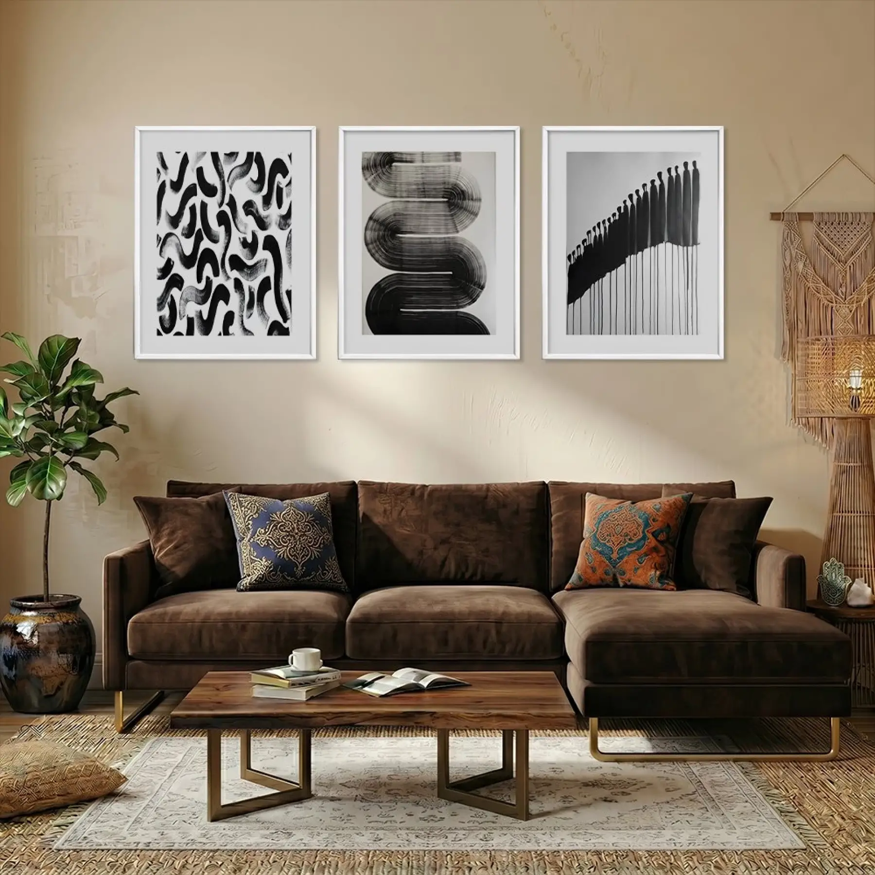 Monokrom Akışkan Soyut Sanat Beyaz Çerçeveli 3lü Ahşap Tablo Seti