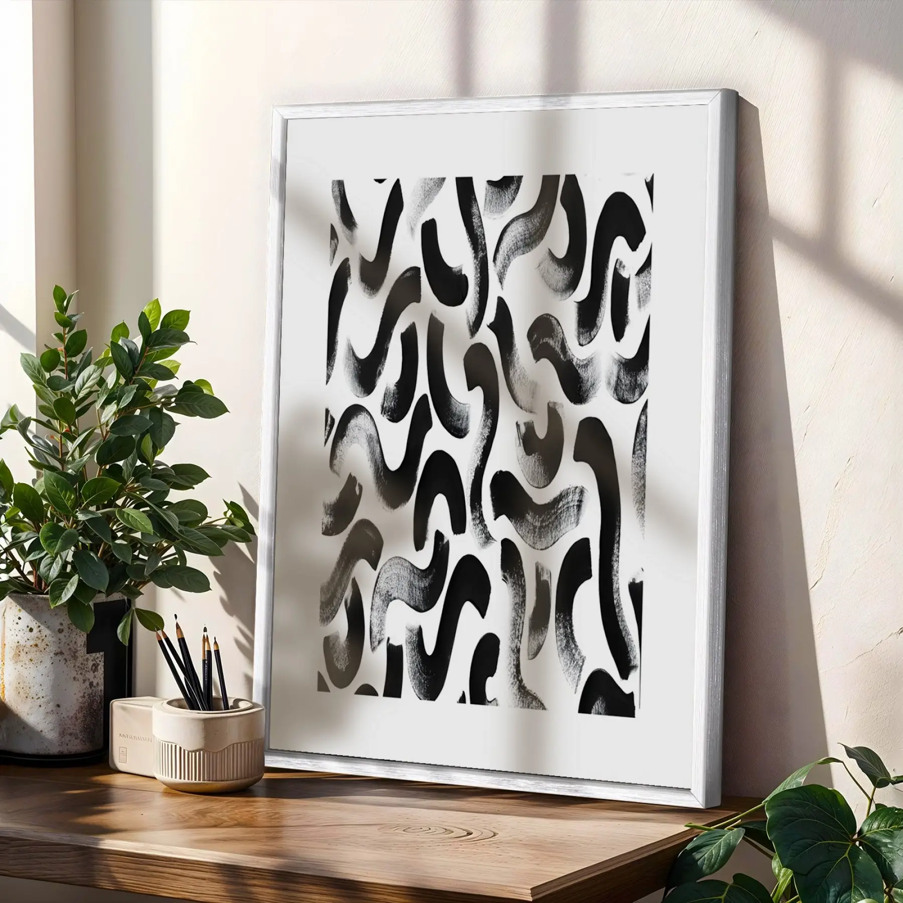 Monokrom Akışkan Soyut Sanat Beyaz Çerçeveli 3lü Ahşap Tablo Seti