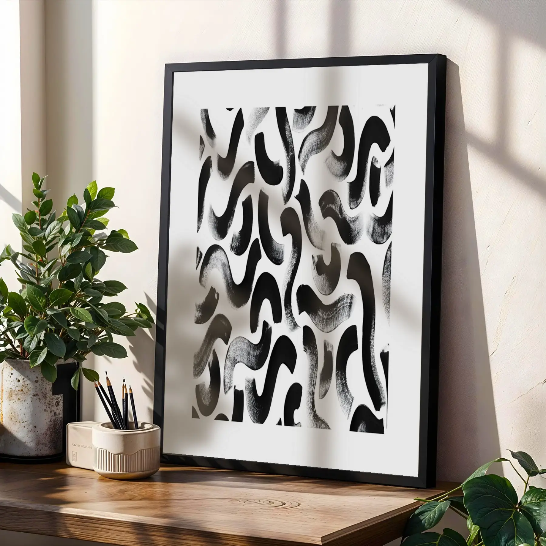 Monokrom Akışkan Soyut Sanat Siyah Çerçeveli 3lü Ahşap Tablo Seti
