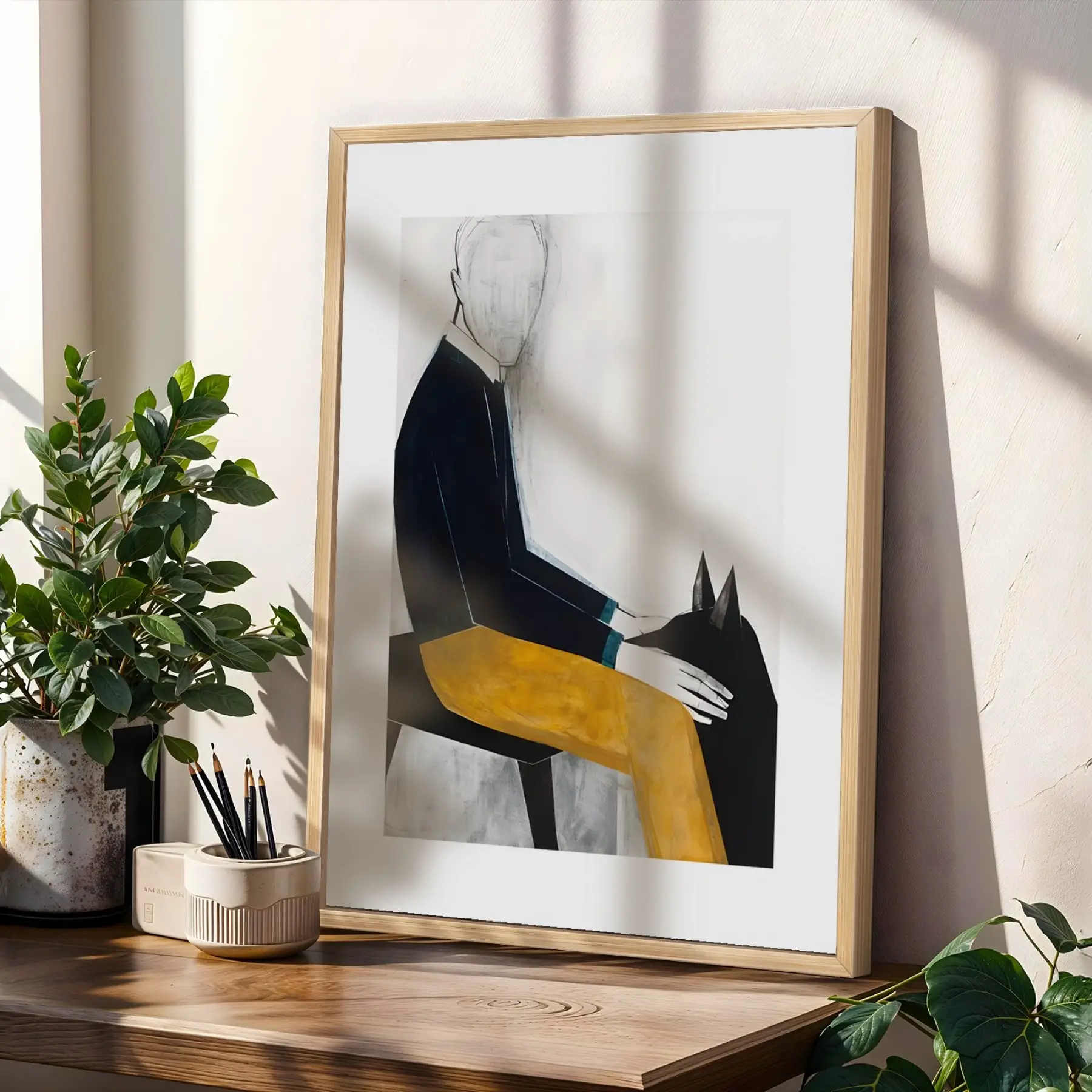 Minimalist Figürler ve Geometrik Uyum Doğal Ahşap Çerçeveli 3lü Tablo Seti