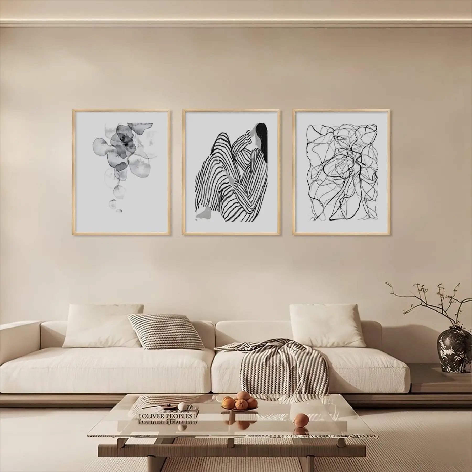 Soyut Monokrom Çizgisel Sanat Doğal Ahşap Çerçeveli 3lü Tablo Seti