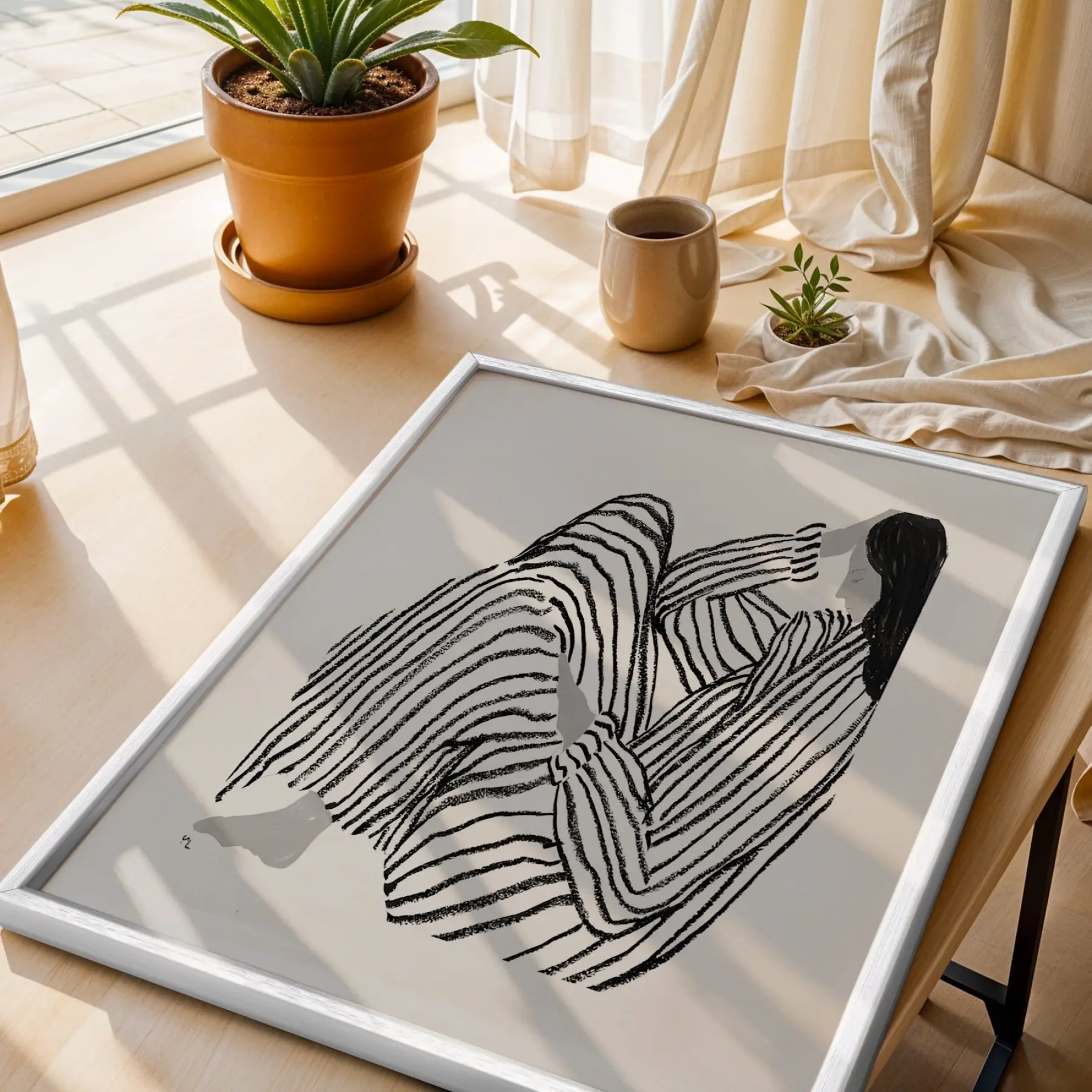 Soyut Monokrom Çizgisel Sanat Beyaz Çerçeveli 3lü Ahşap Tablo Seti