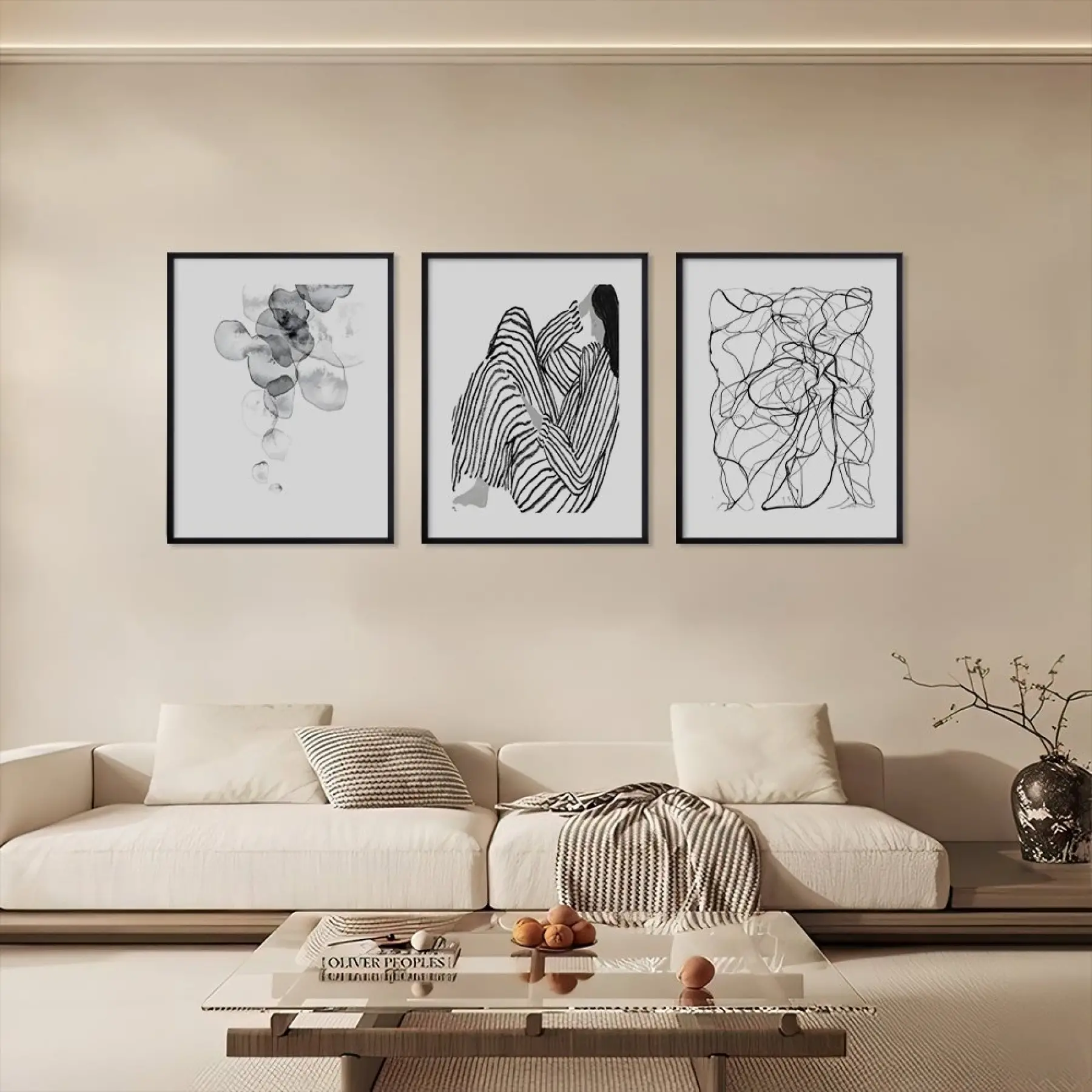 Soyut Monokrom Çizgisel Sanat Siyah Çerçeveli 3lü Ahşap Tablo Seti