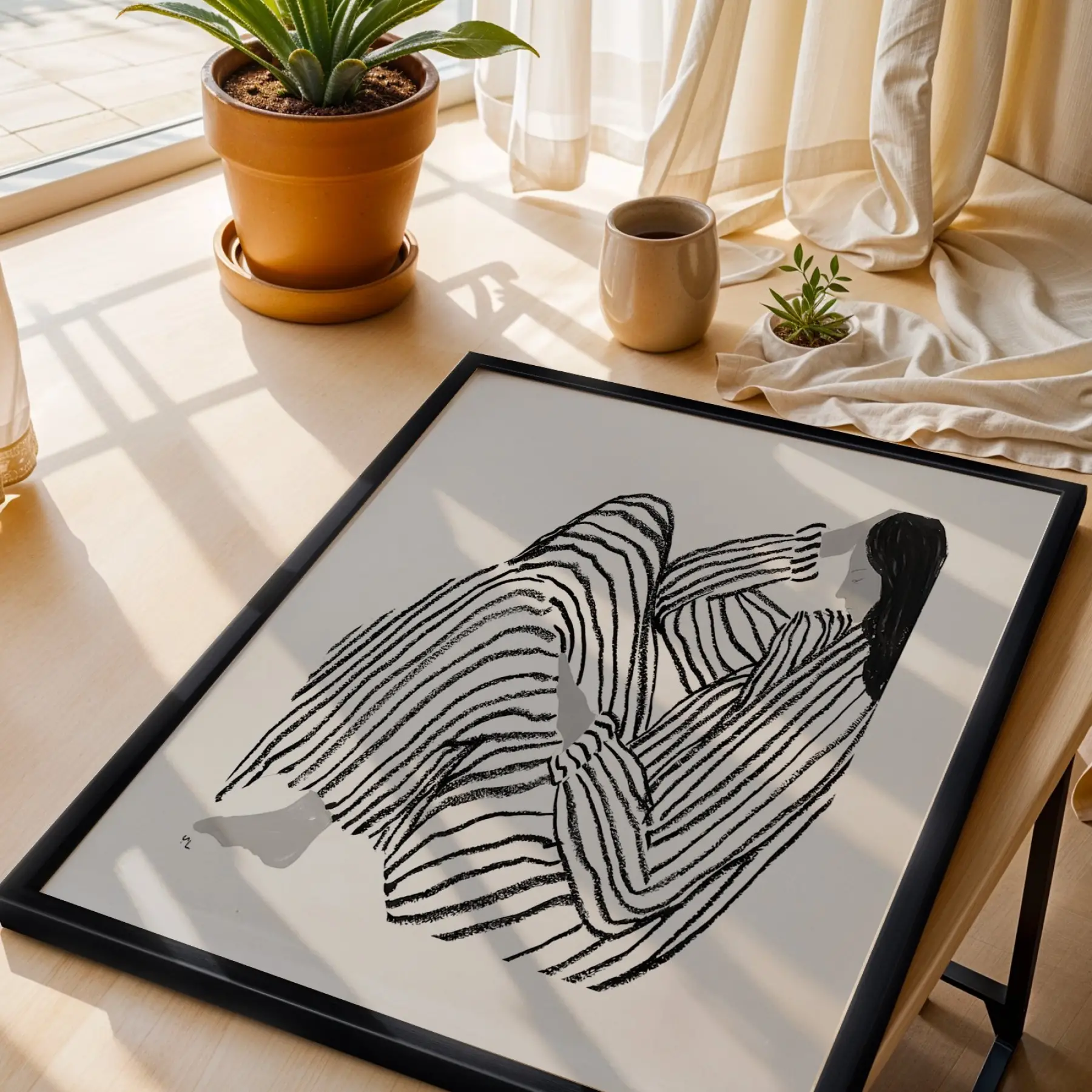 Soyut Monokrom Çizgisel Sanat Siyah Çerçeveli 3lü Ahşap Tablo Seti