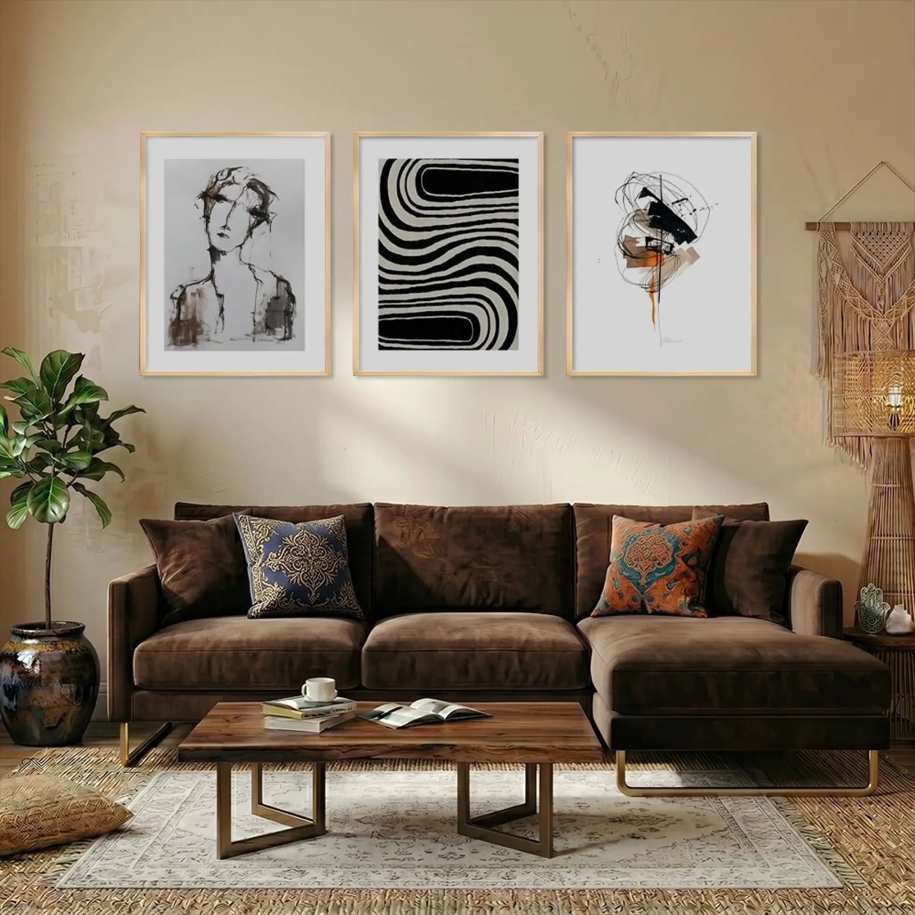 Modern Soyut Sanat Koleksiyonu Doğal Ahşap Çerçeveli 3lü Tablo Seti