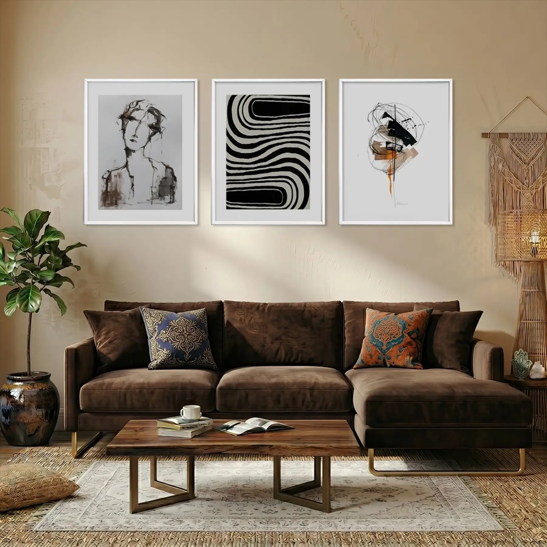 Modern Soyut Sanat Koleksiyonu Beyaz Çerçeveli 3lü Ahşap Tablo Seti
