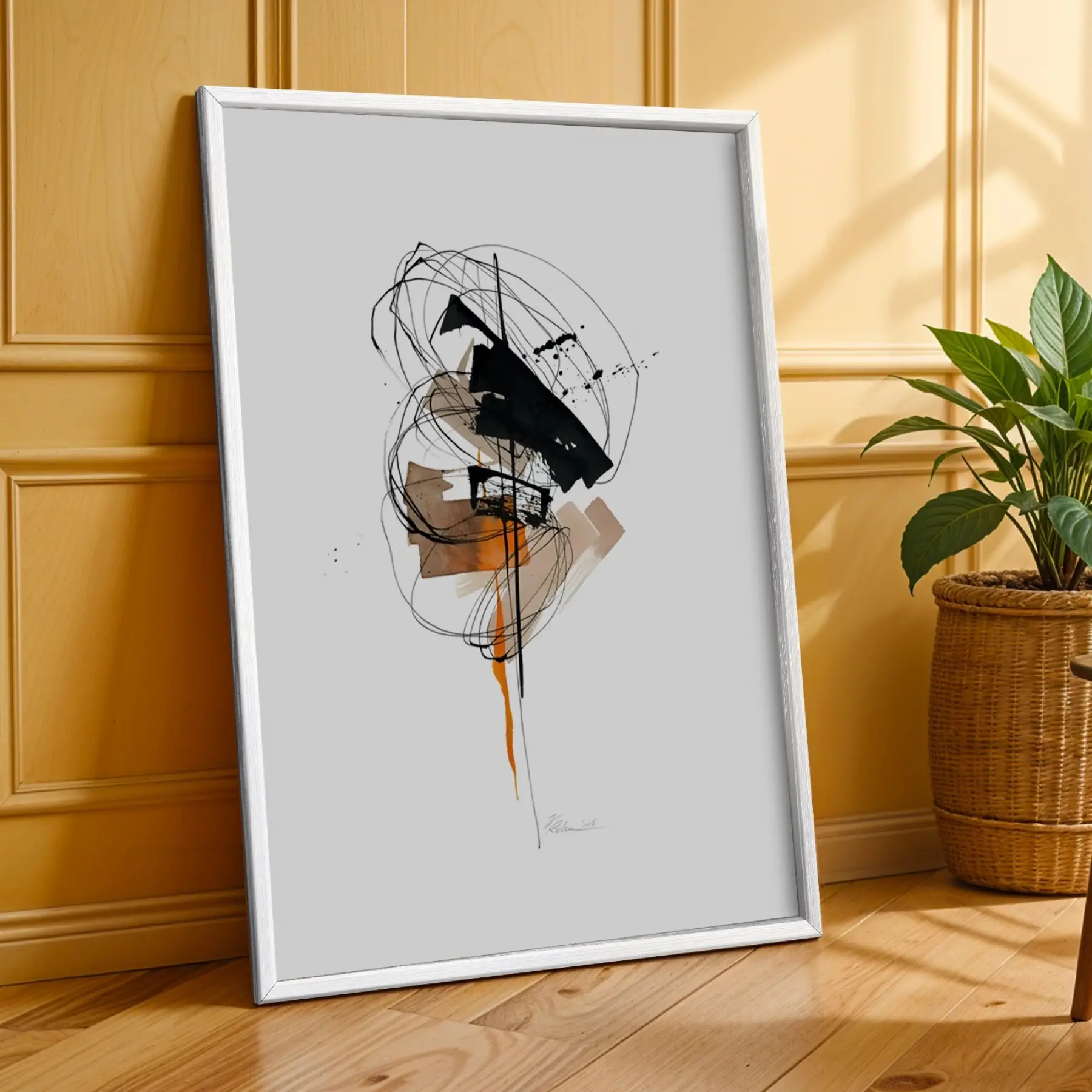 Modern Soyut Sanat Koleksiyonu Beyaz Çerçeveli 3lü Ahşap Tablo Seti