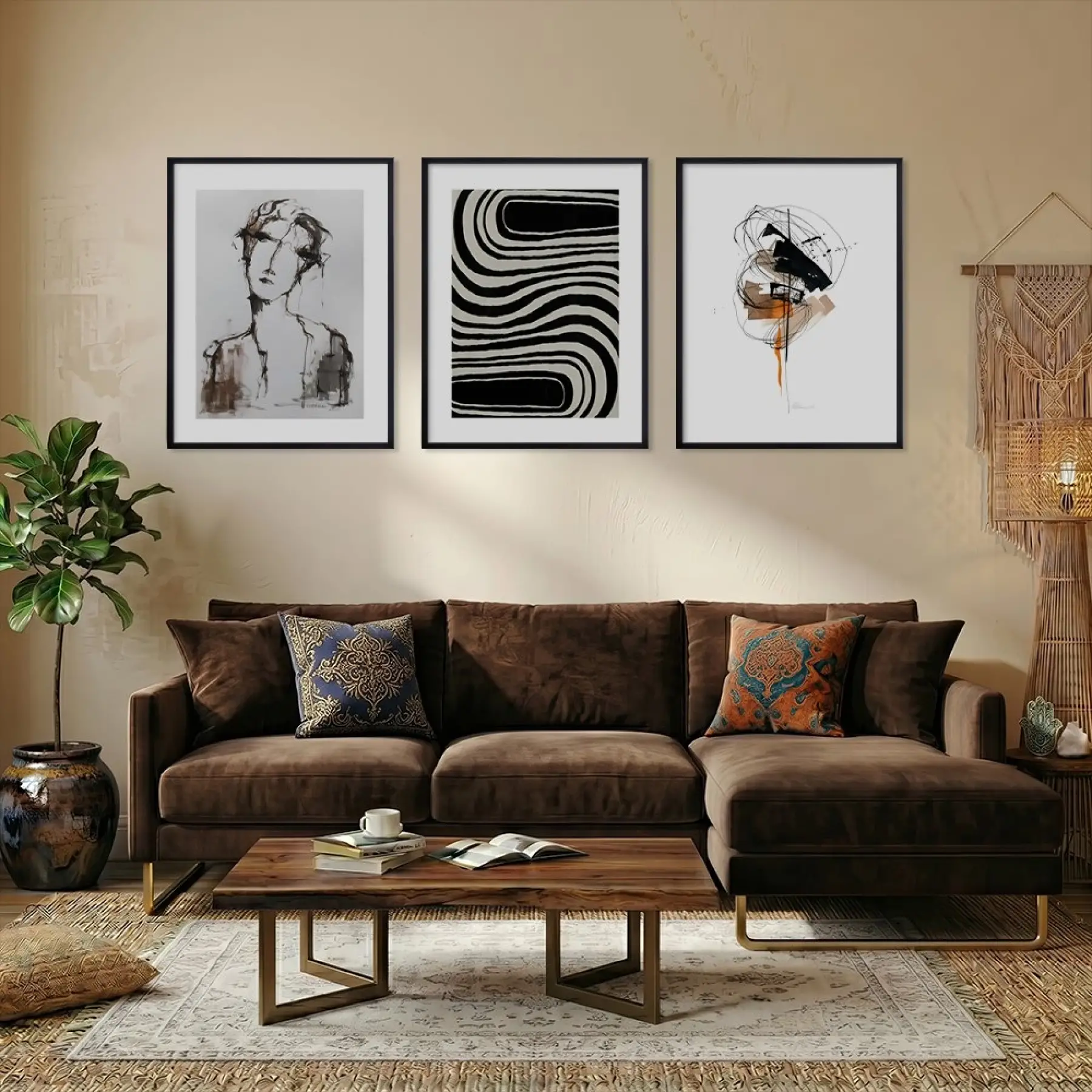 Modern Soyut Sanat Koleksiyonu Siyah Çerçeveli 3lü Ahşap Tablo Seti