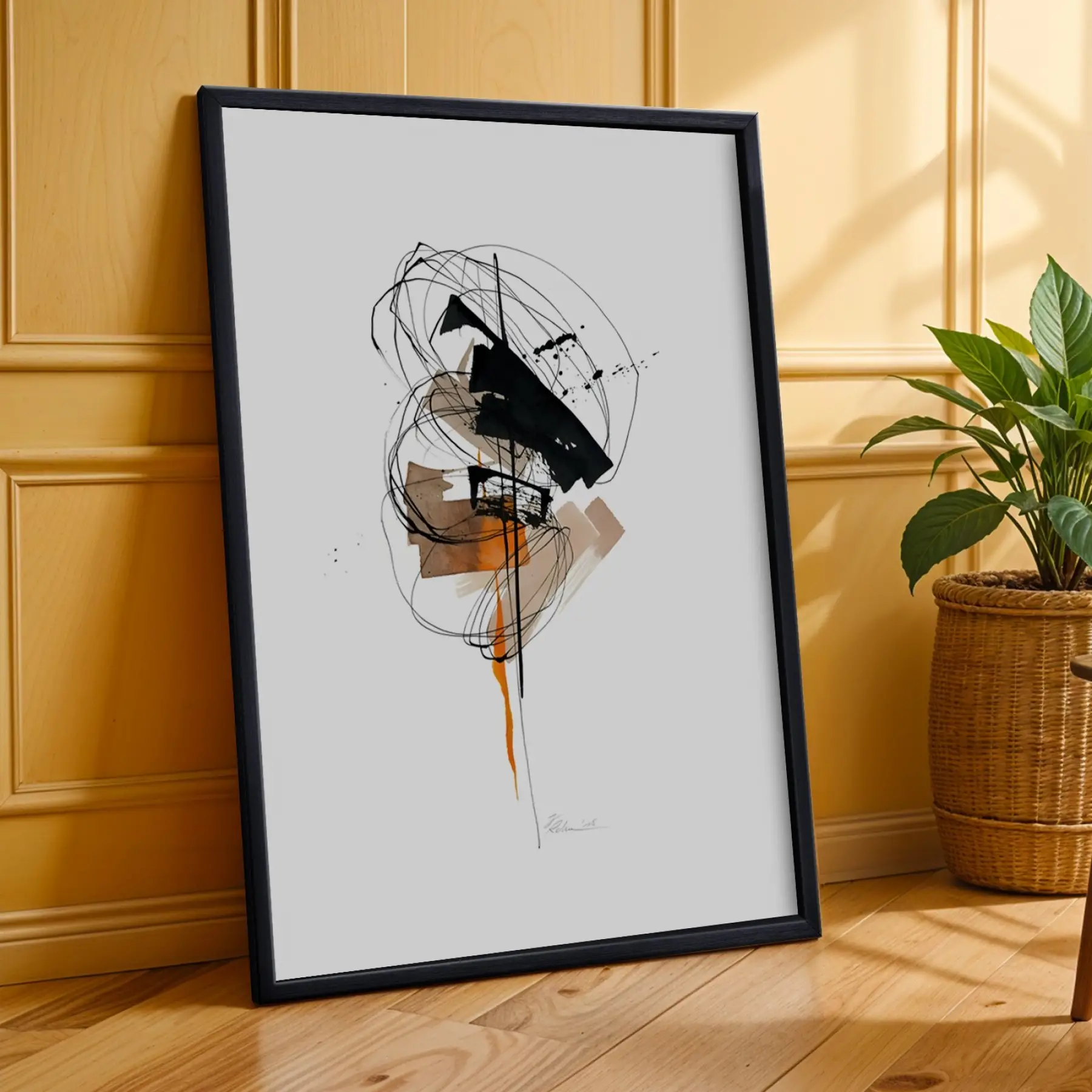 Modern Soyut Sanat Koleksiyonu Siyah Çerçeveli 3lü Ahşap Tablo Seti