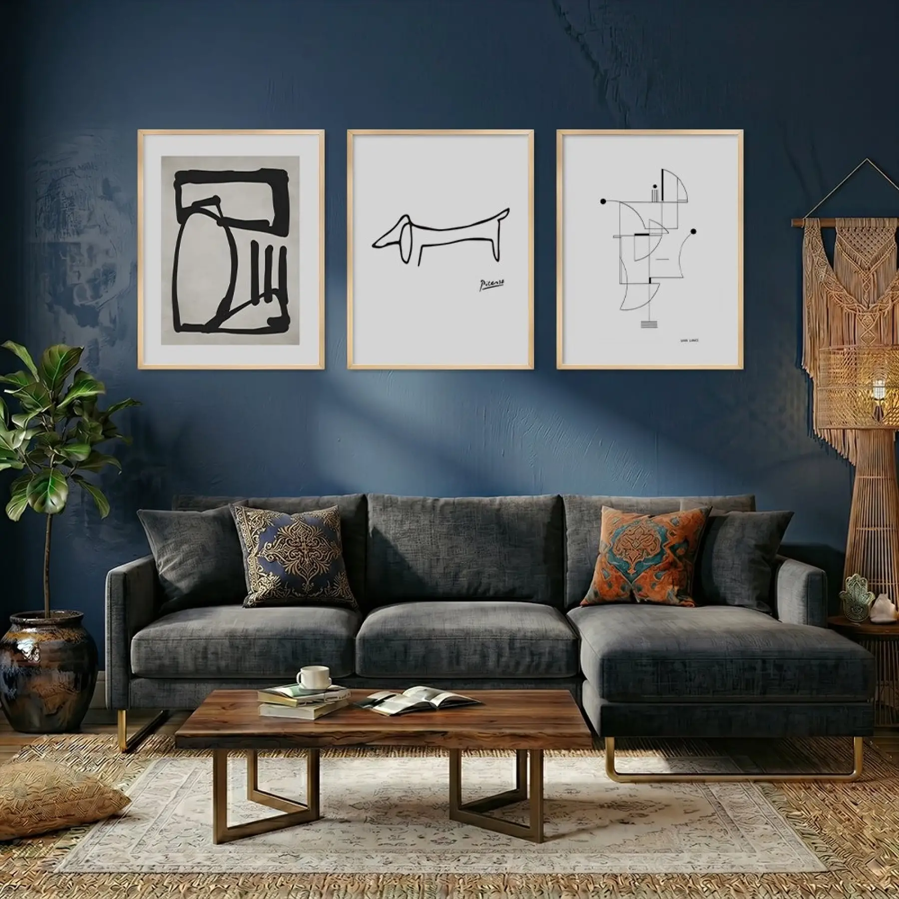 Siyah Beyaz Minimalist Çizgiler Doğal Ahşap Çerçeveli 3lü Tablo Seti