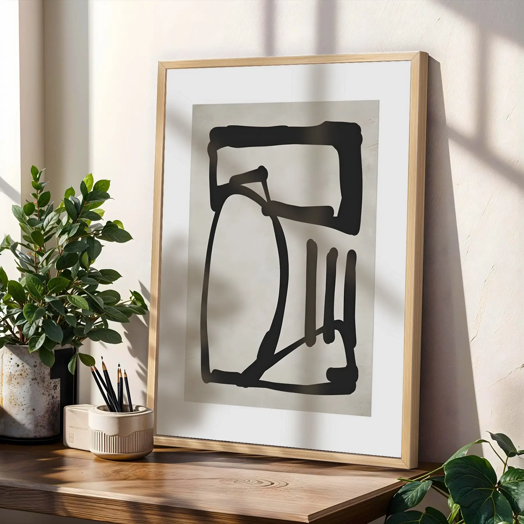 Siyah Beyaz Minimalist Çizgiler Doğal Ahşap Çerçeveli 3lü Tablo Seti