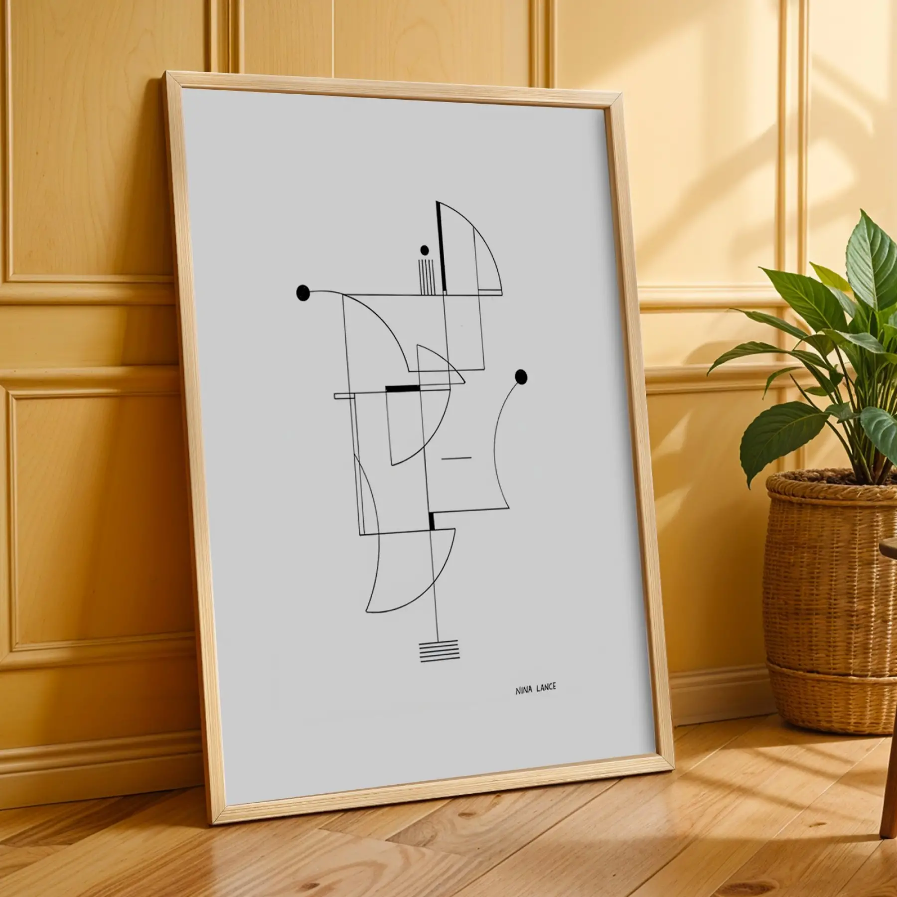 Siyah Beyaz Minimalist Çizgiler Doğal Ahşap Çerçeveli 3lü Tablo Seti