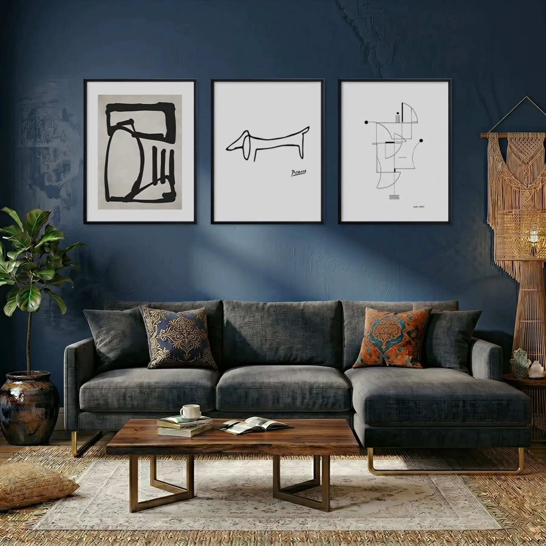 Siyah Beyaz Minimalist Çizgiler Siyah Çerçeveli 3lü Ahşap Tablo Seti