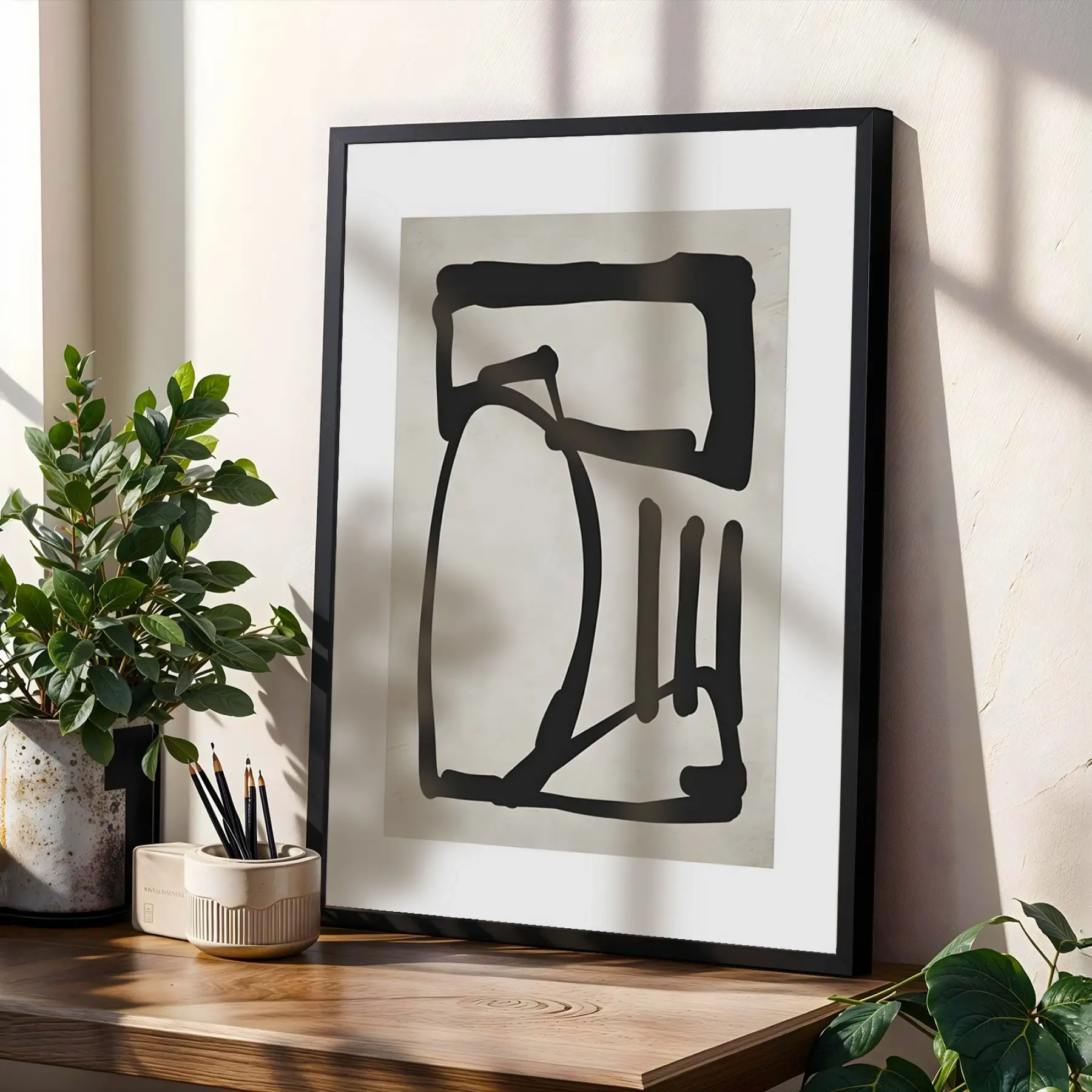 Siyah Beyaz Minimalist Çizgiler Siyah Çerçeveli 3lü Ahşap Tablo Seti