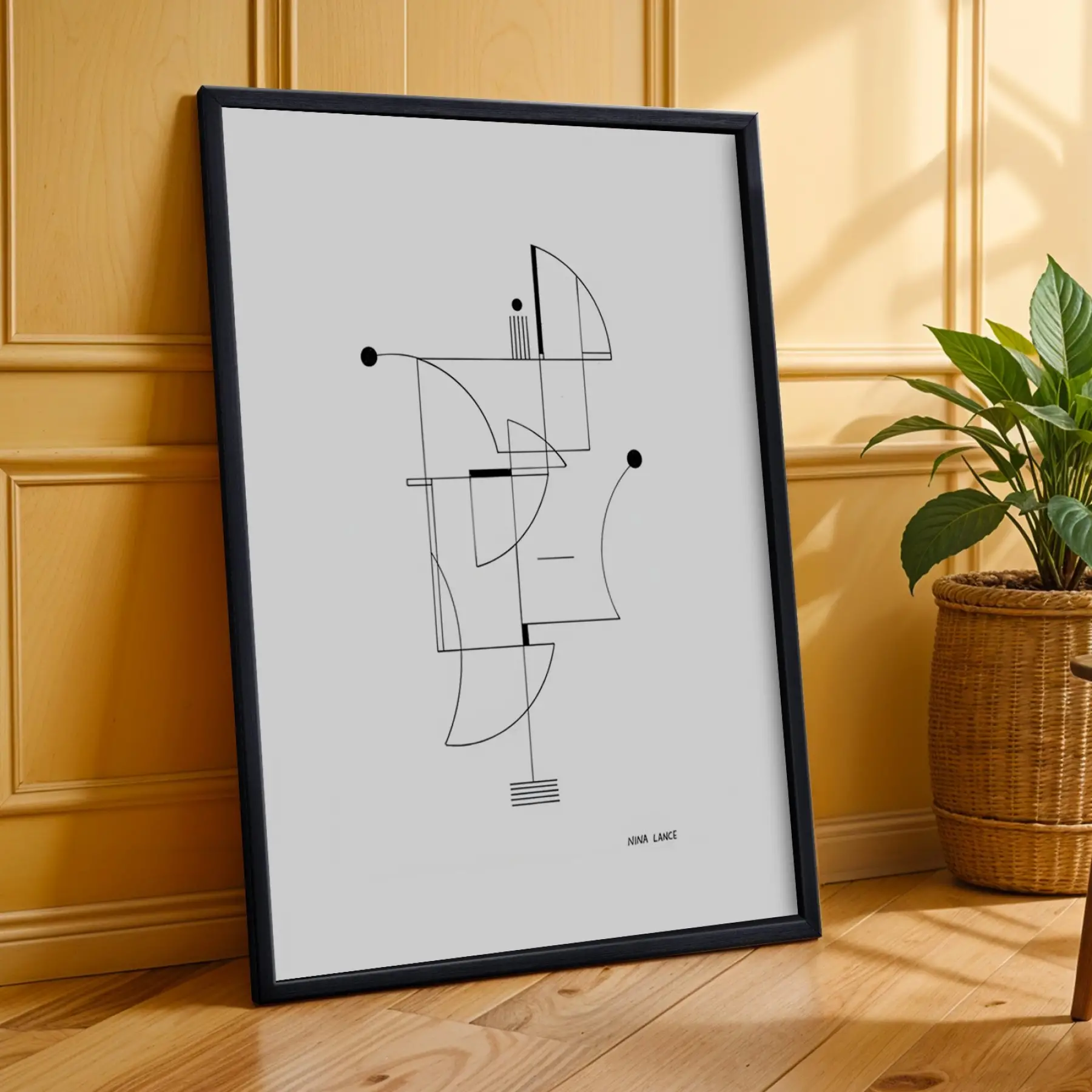 Siyah Beyaz Minimalist Çizgiler Siyah Çerçeveli 3lü Ahşap Tablo Seti