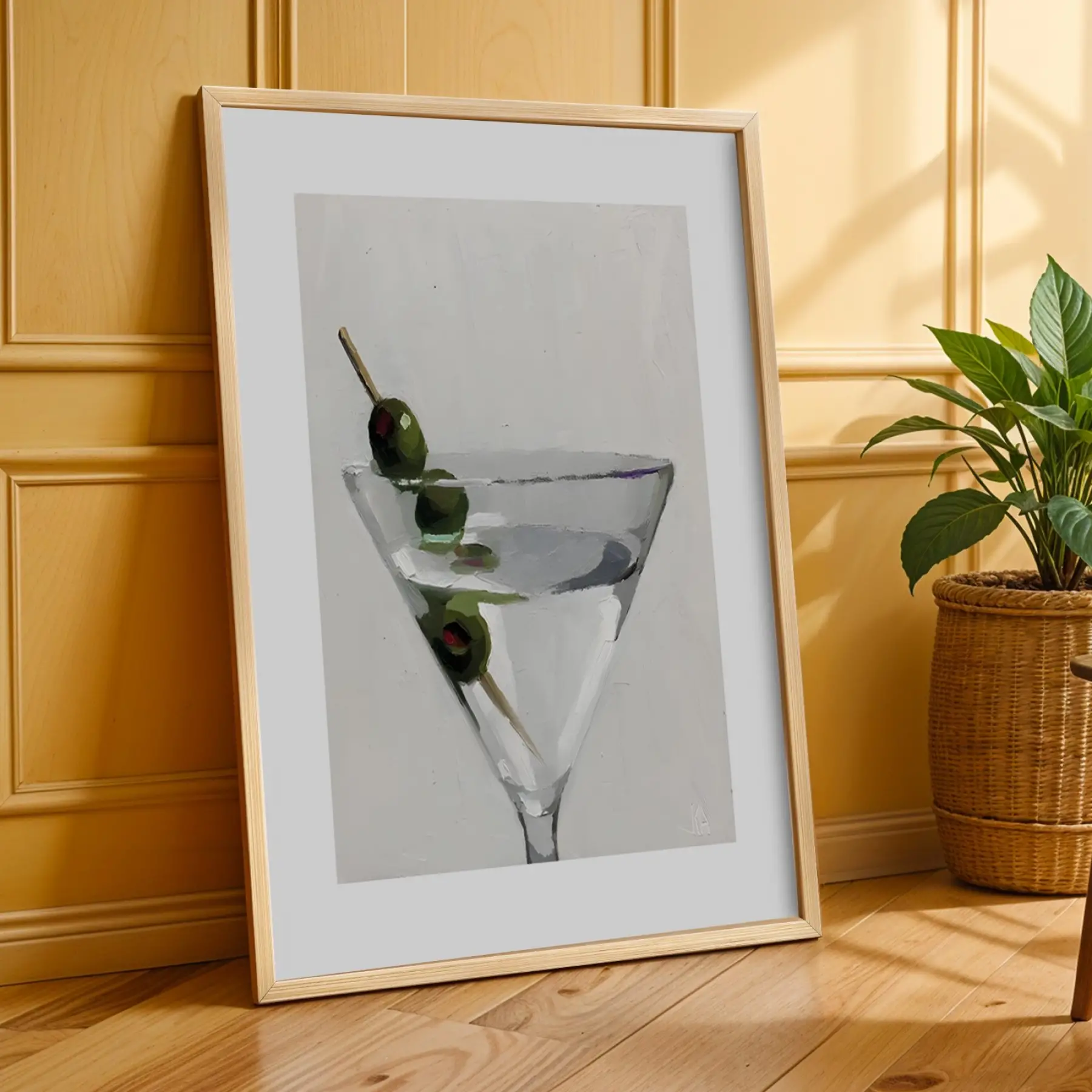 Soyut Desen Martini Üçlüsü Doğal Ahşap Çerçeveli 3lü Tablo Seti
