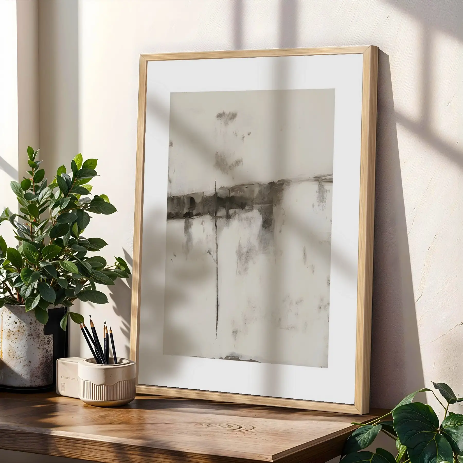 Minimalist Dalgalar ve Soyut Harmoni Doğal Ahşap Çerçeveli 3lü Tablo Seti