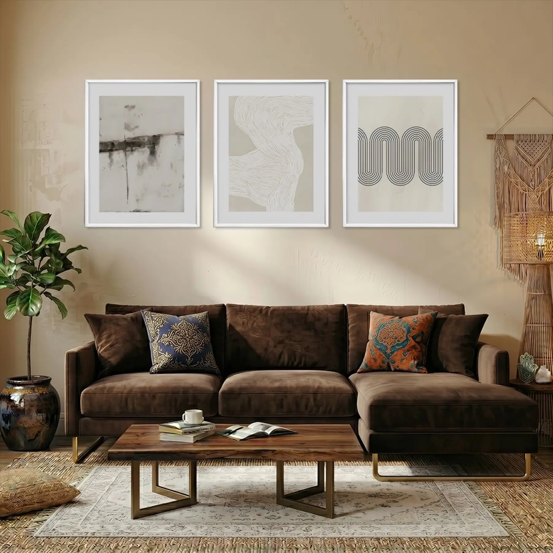 Minimalist Dalgalar ve Soyut Harmoni Beyaz Çerçeveli 3lü Ahşap Tablo Seti