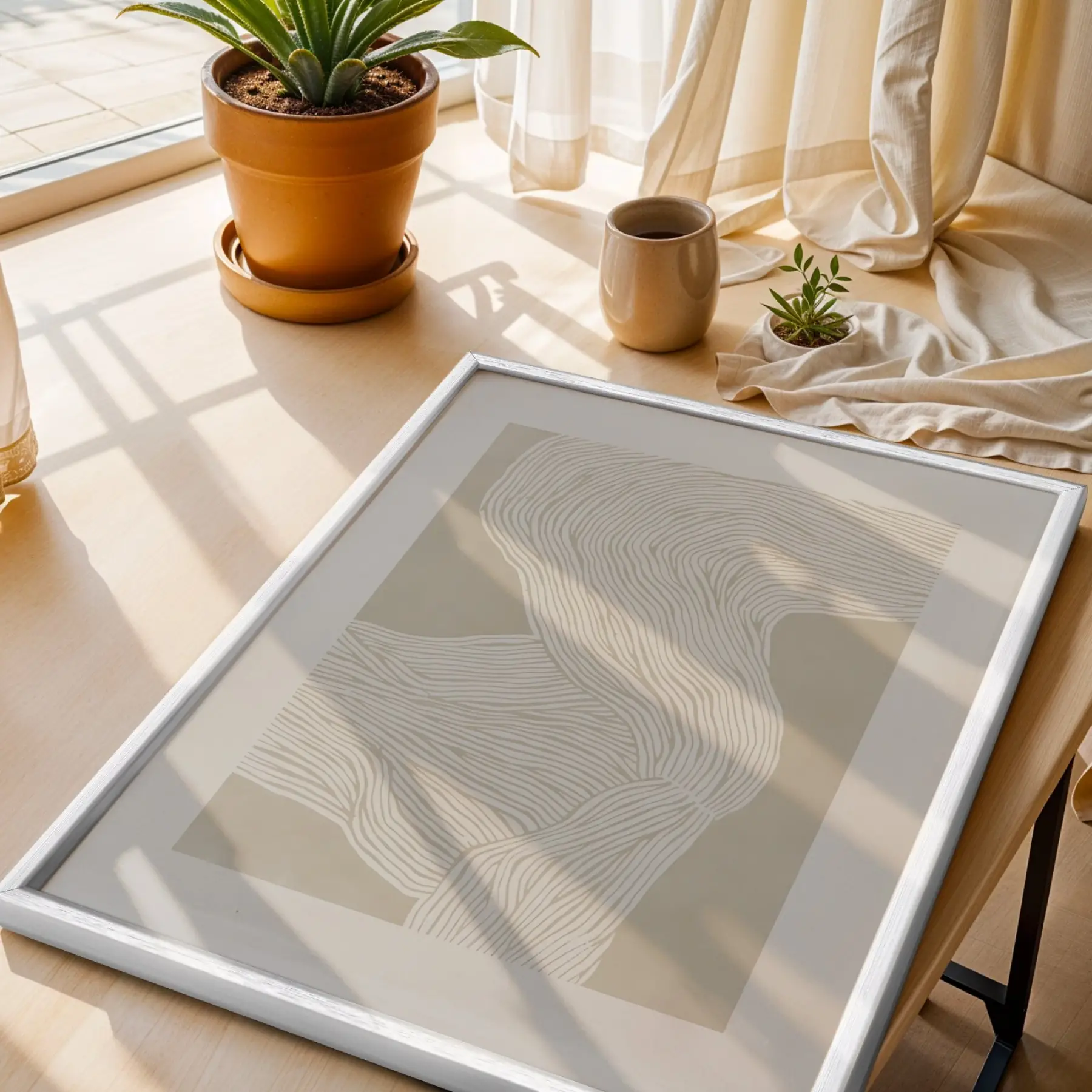 Minimalist Dalgalar ve Soyut Harmoni Beyaz Çerçeveli 3lü Ahşap Tablo Seti