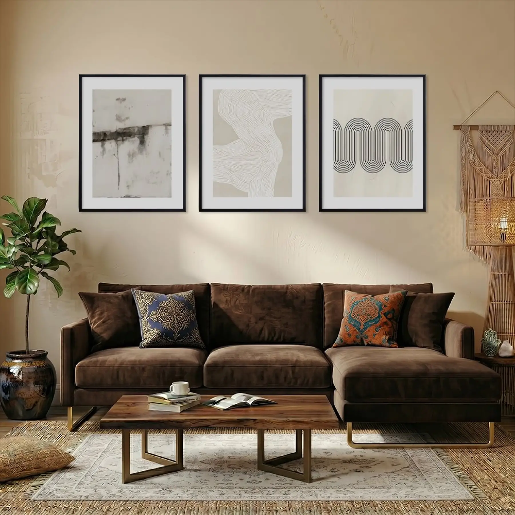 Minimalist Dalgalar ve Soyut Harmoni Siyah Çerçeveli 3lü Ahşap Tablo Seti