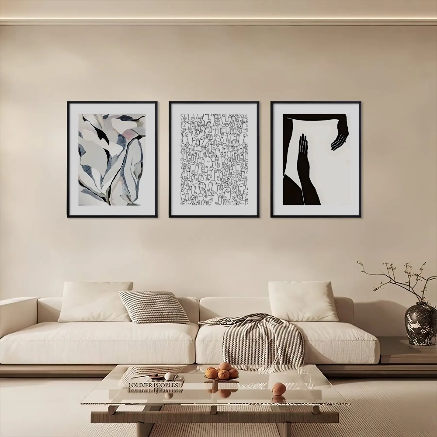 Minimalist Soyut Çizgi Formları Siyah Çerçeveli 3lü Ahşap Tablo Seti