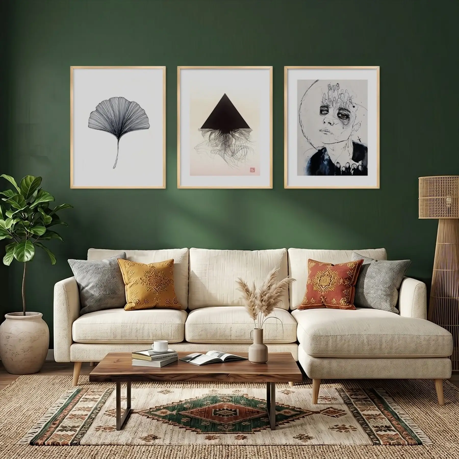 Ginkgo Soyut Çizgi Seti Doğal Ahşap Çerçeveli 3lü Tablo Seti