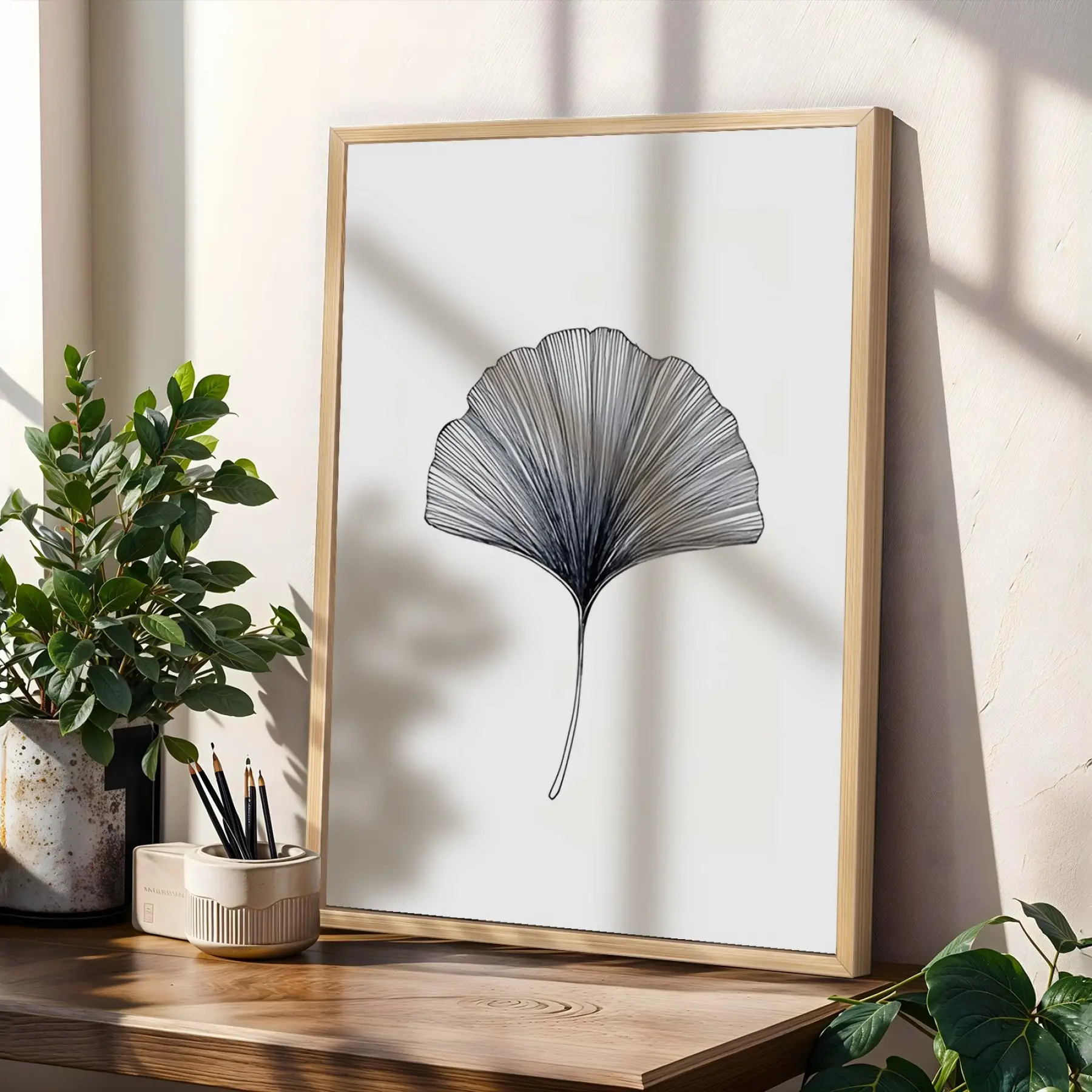 Ginkgo Soyut Çizgi Seti Doğal Ahşap Çerçeveli 3lü Tablo Seti