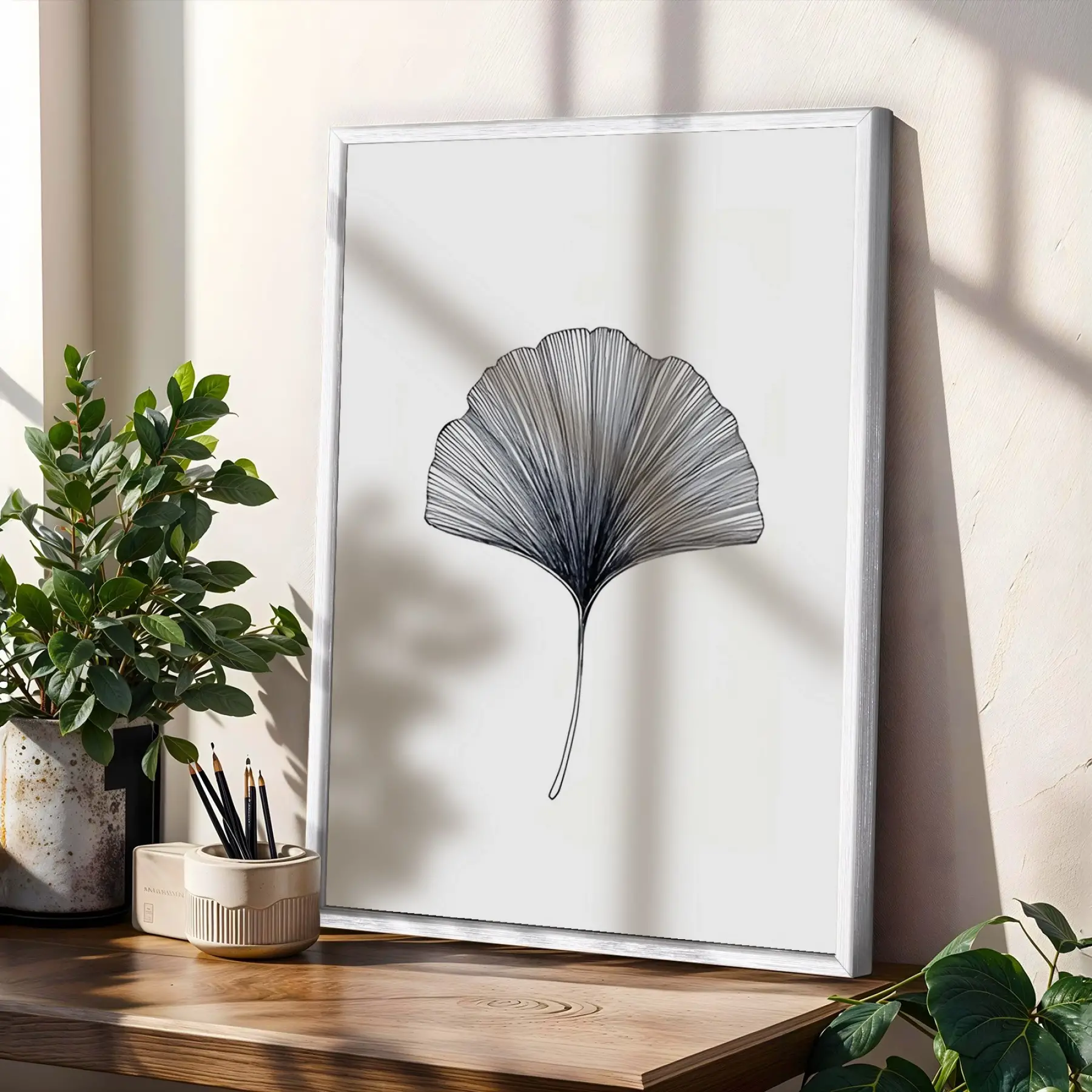 Ginkgo Soyut Çizgi Seti Beyaz Çerçeveli 3lü Ahşap Tablo Seti