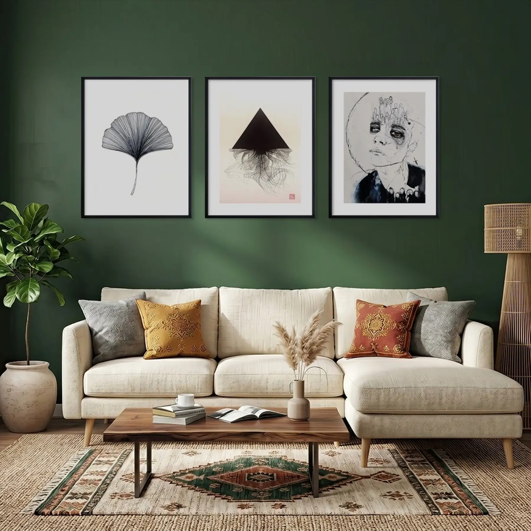 Ginkgo Soyut Çizgi Seti Siyah Çerçeveli 3lü Ahşap Tablo Seti