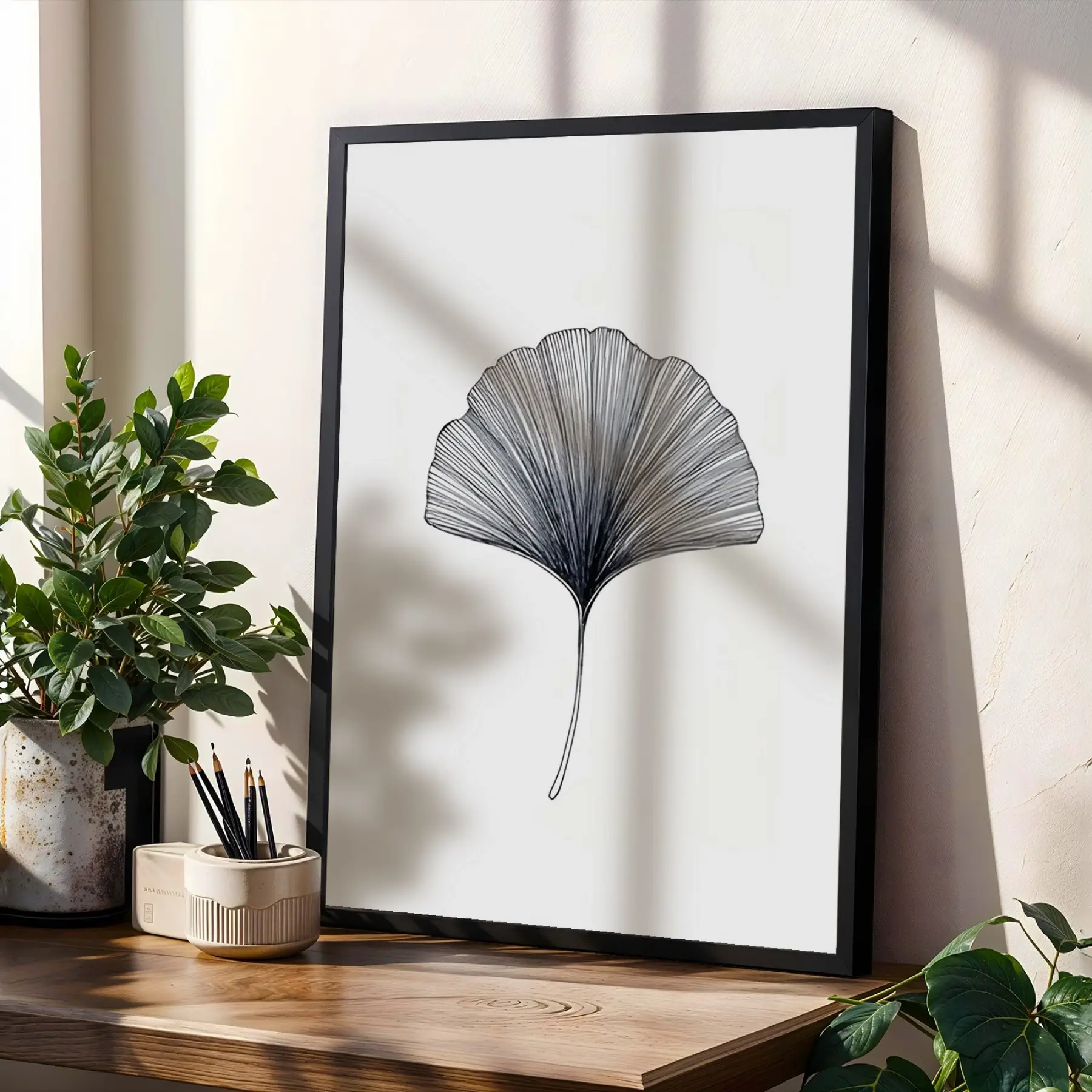 Ginkgo Soyut Çizgi Seti Siyah Çerçeveli 3lü Ahşap Tablo Seti