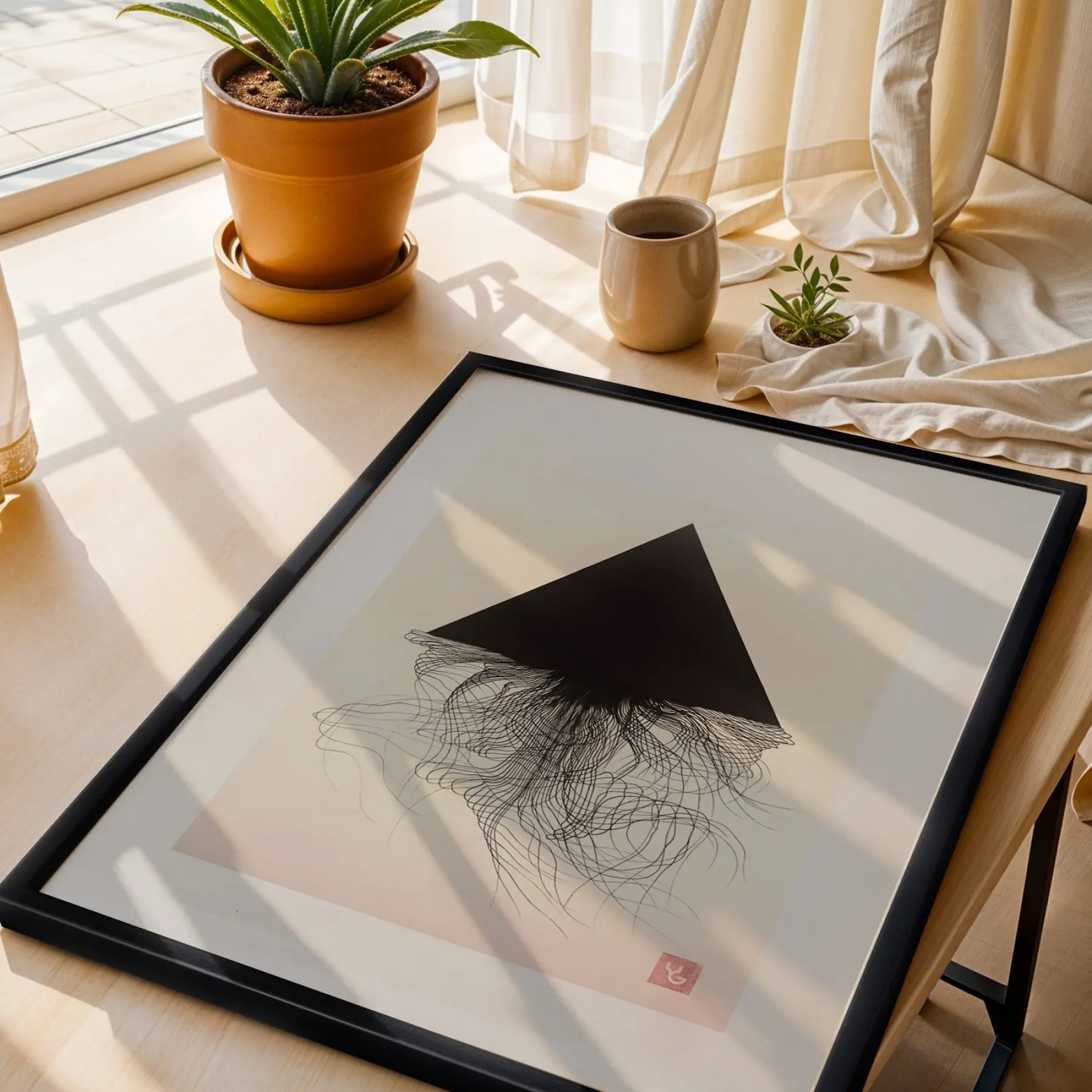 Ginkgo Soyut Çizgi Seti Siyah Çerçeveli 3lü Ahşap Tablo Seti