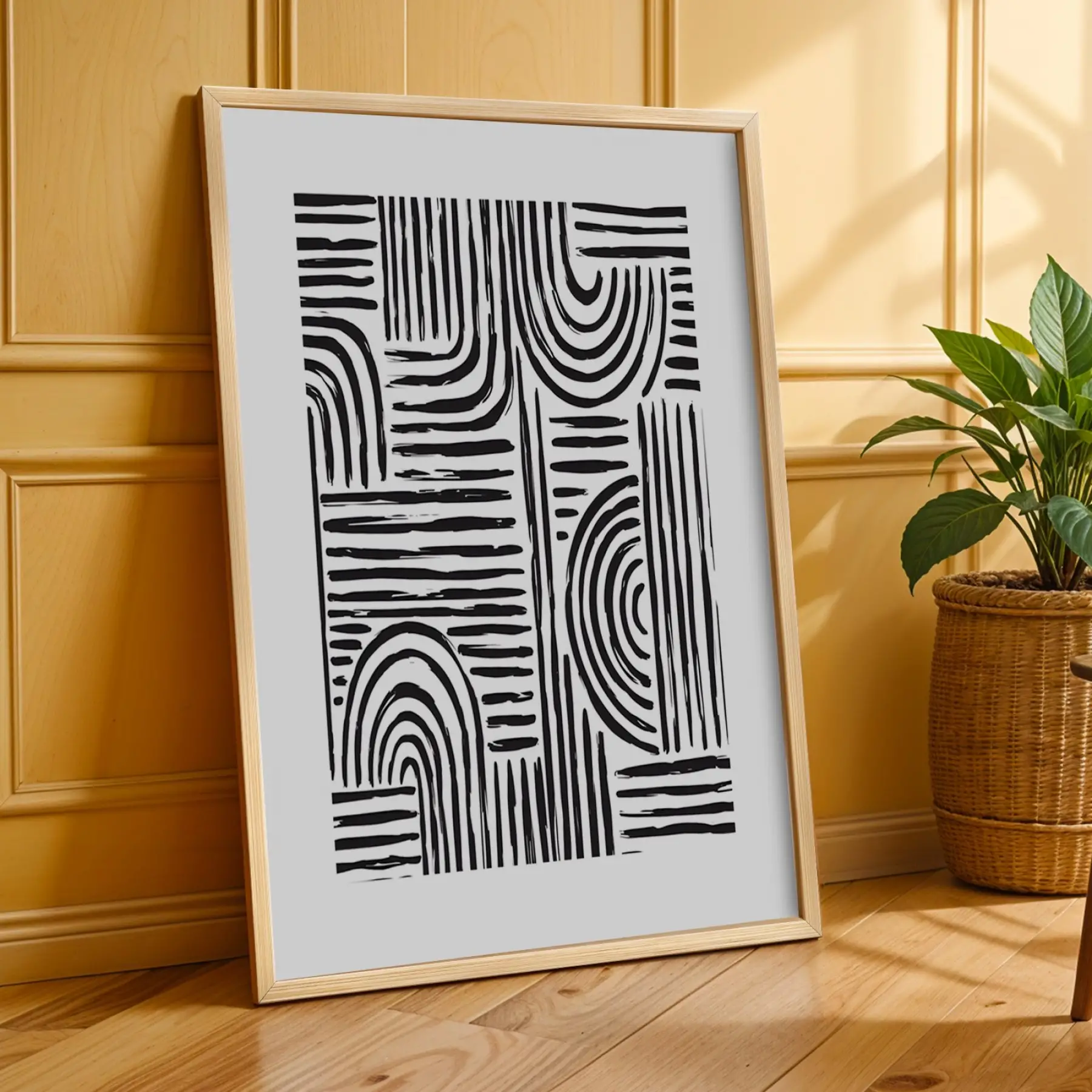 Grafik Soyut Çizgi Sanat Doğal Ahşap Çerçeveli 3lü Tablo Seti