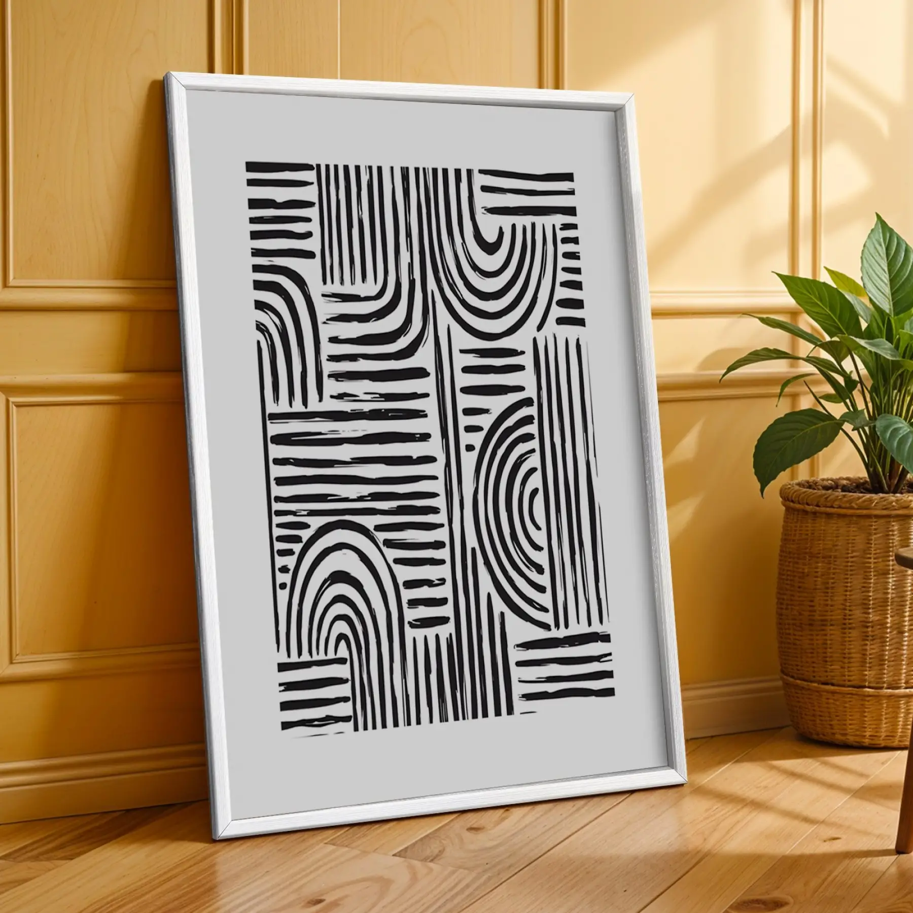 Grafik Soyut Çizgi Sanat Beyaz Çerçeveli 3lü Ahşap Tablo Seti